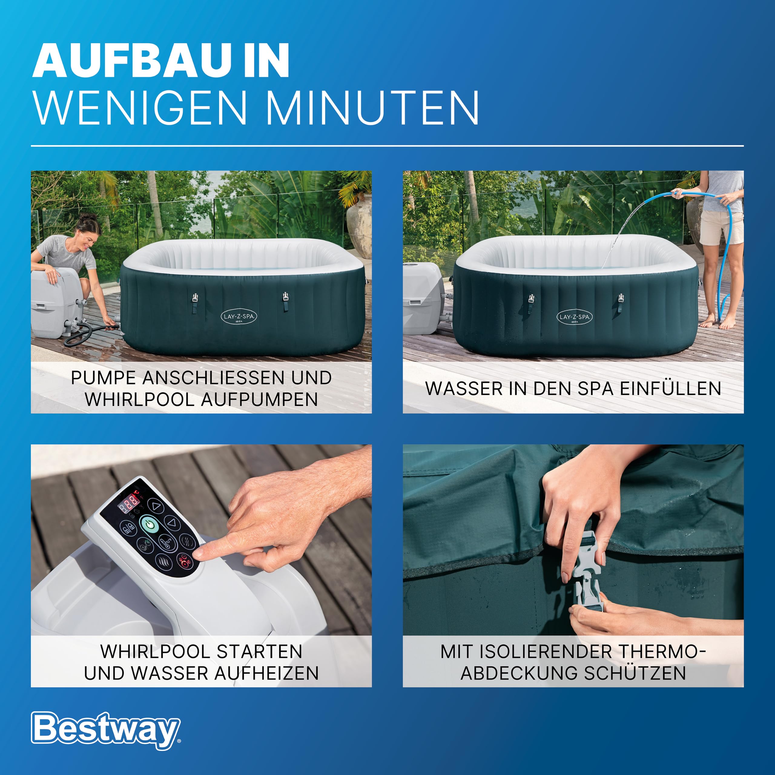 Bestway Lay Z Spa Ibiza AirJet Energiespar-Whirlpool 180x180 cm – aufblasbarer Whirlpool für 6 Personen mit 140 Luftdüsen, EnergySense Isolierung, Frostwächter & Timer – dunkelgrün