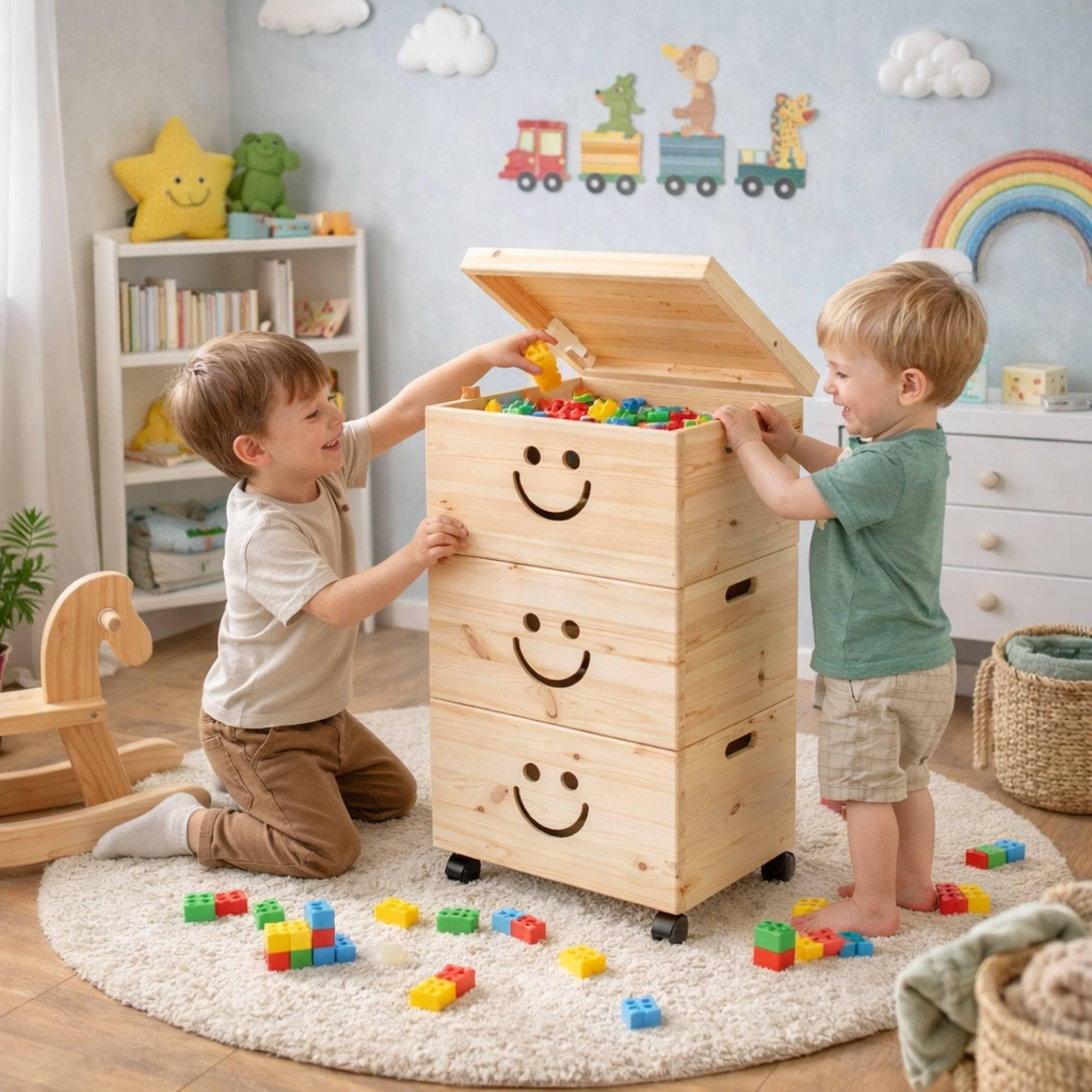 Pinus Spielzeugkiste 3er Set Lächeln mit Deckel 39x30x74cm stapelbar Rollen