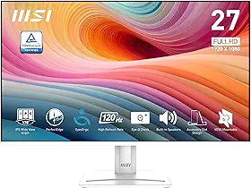 MSI PRO MP275W E2 68.6 cm IPS 1920 x 1080 (FHD) monitor de escritório para jogos, 120Hz, sincronização livre, HDMI, DisplayPort, porta VGA, montagem VESA, inclinação, alto-falante, bisel fino de 4