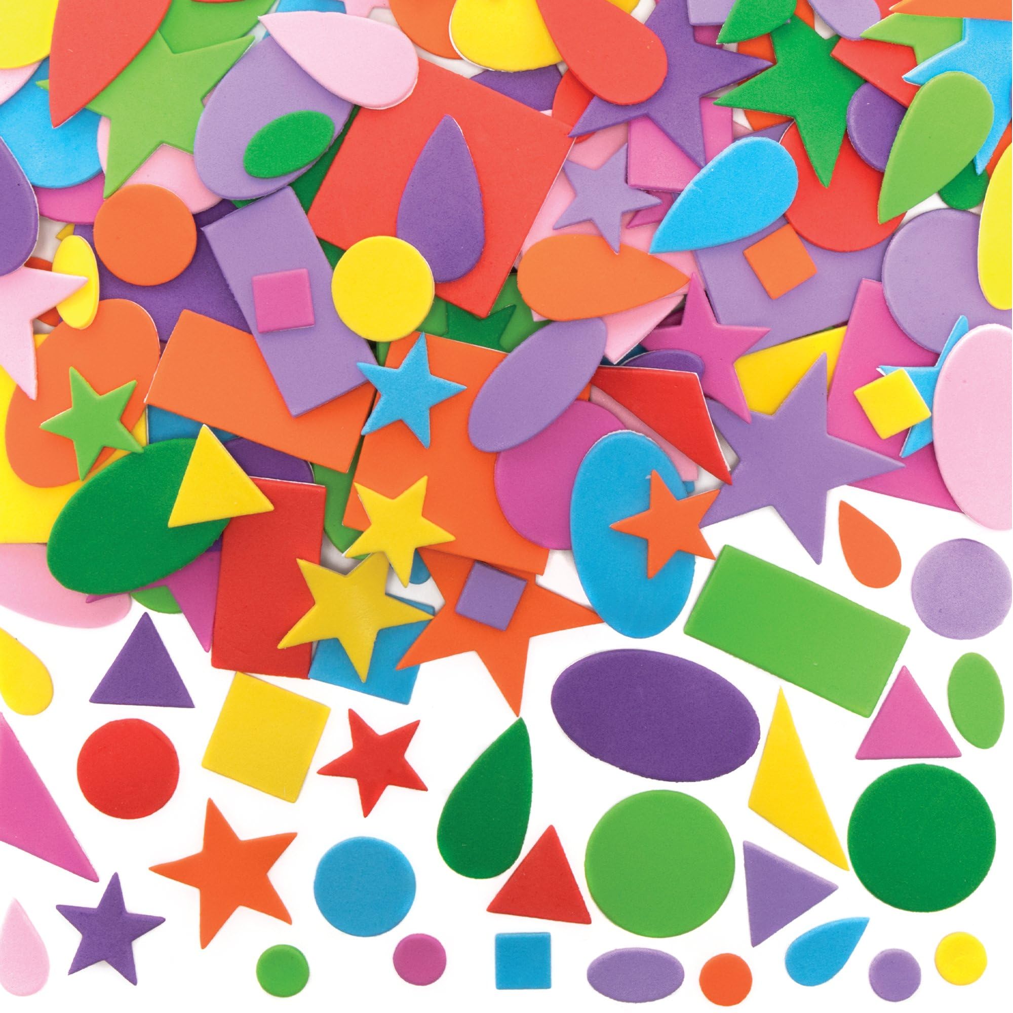 Baker Ross EK2352 Self-Adhesive Foam Shapes (Pack of 180) for Kids Arts and Crafts, Vinyl, Assorted, 1cm-5cm