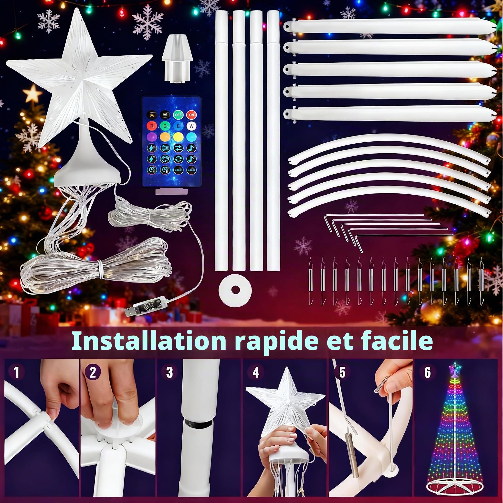 Hoofun Guirlande lumineuse LED intelligente pour sapin de Noël : 150 cm, éclairage de Noël avec étoiles, application et télécommande, prise USB, RVB à intensité variable, mode DIY, minuterie