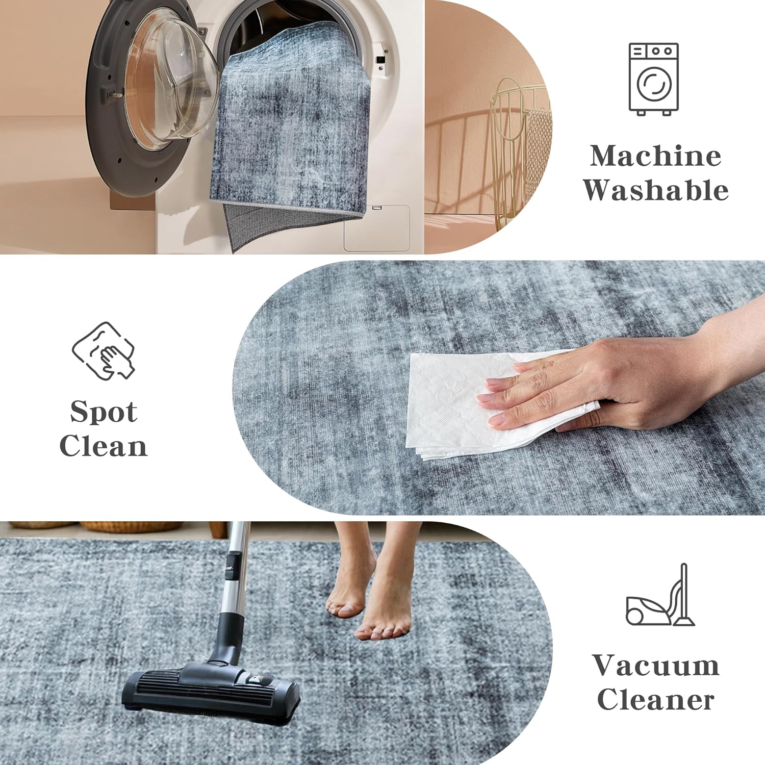 Washable Rugs 8x10 Area Rugs for Living Room, Modern Abstract Rugs for Bedroom,Large Carpets, Ultra Soft Faux Wool Retro Dining Room Rug, Non Slip&Non-Shedding Low Pile Print Rug- Greyish Blue