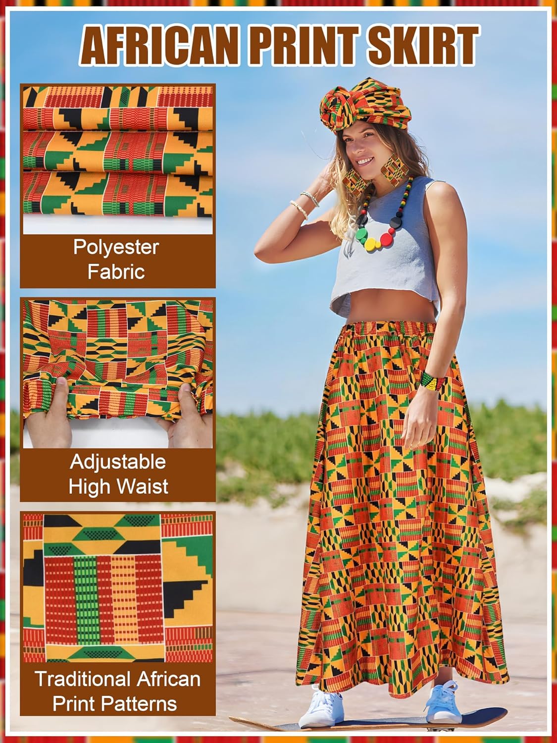 6 Pcs African Skirt Set Kente Head Wrap Black History Dress Kente Print Costume Accessory African Attire for Women - Image 3