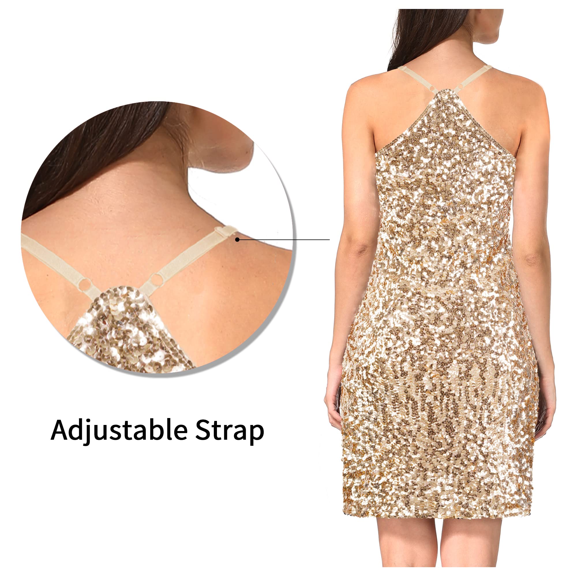 Maner Damen Classic Figurbetontes Paillettenkleid mit verstellbarem Spaghettiträger, U-Ausschnitt und Tankärmeln