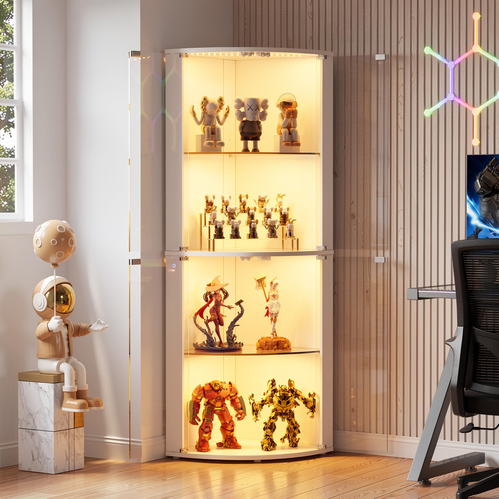 Vitrina de Cristal, Vitrina expositora, Armario de colección Moderno de 4 Capas con Puerta, Mueble Vitrina de Cristal con LED, para Dormitorio, Sala de Estar, 159 x 48 x 48 cm, Blanco
