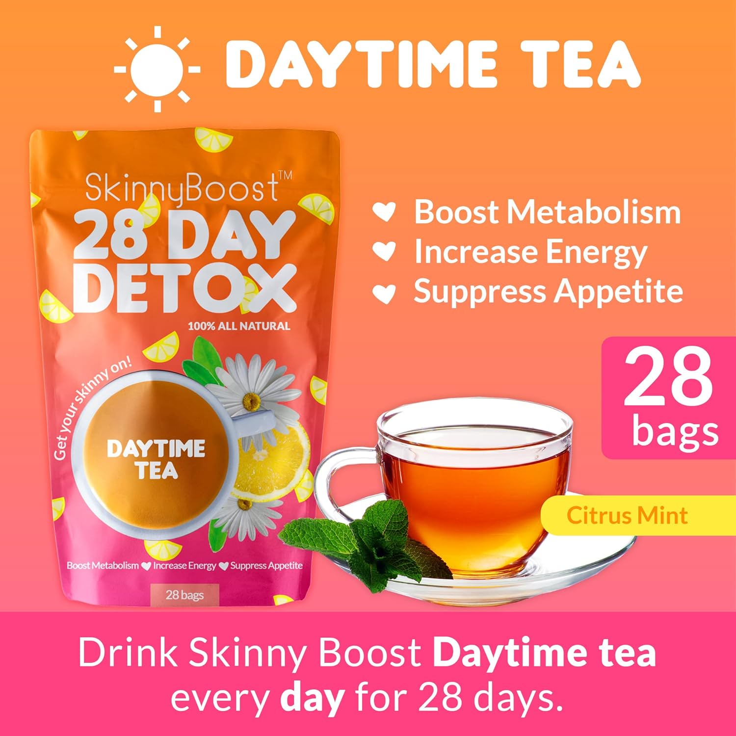 SkinnyBoost 28 Day Detox Tea Kit-1 Daytime Tea (28 Bags) 1 Evening Detox Tea (14 Bags) Non GMO, Vegan, All Natural Detox and Cleanse : Health & Household