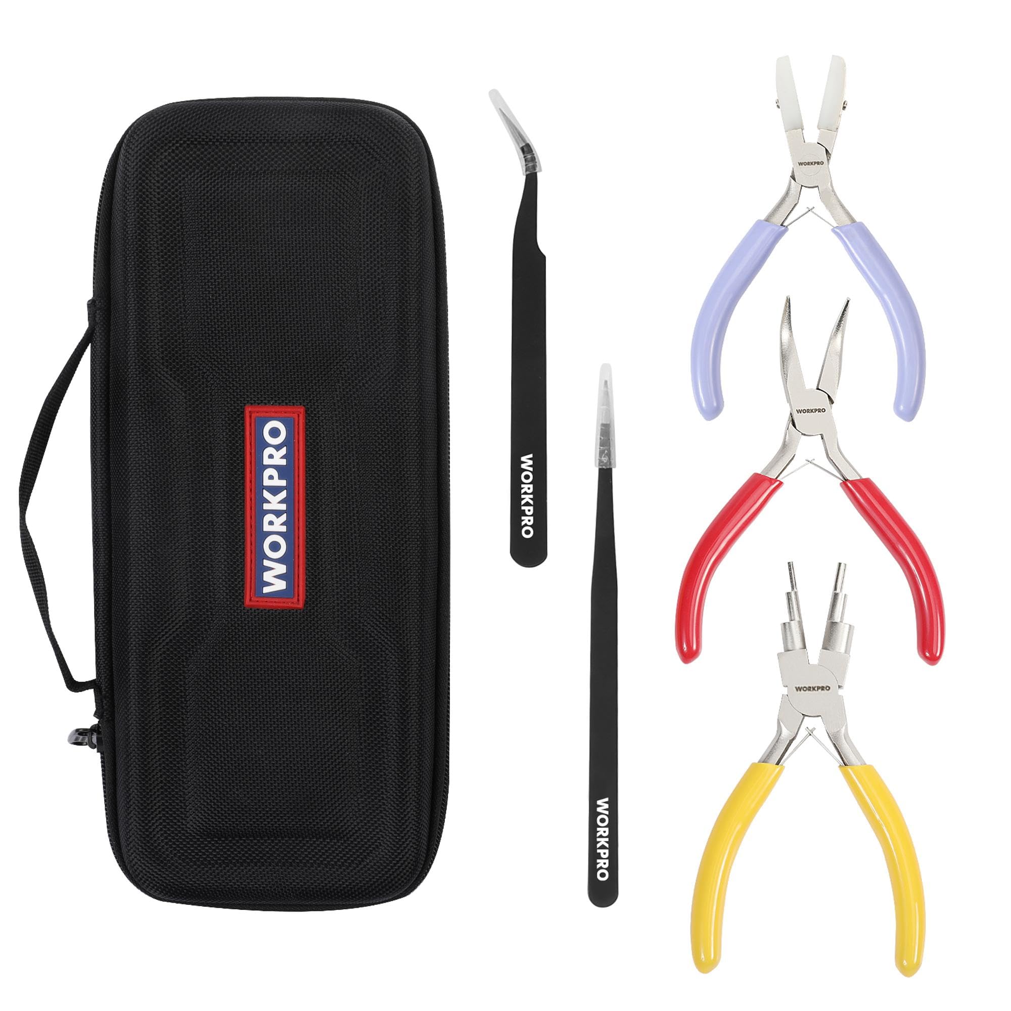 WORKPRO 5 Pieces Jewelry Pliers, Jewelry Tools Include 6 IN 1 Wire Loop Pliers, Nylon Nose Pliers, Bent Nose Pliers for Jewelry Making, Pointed Tweezers, Curved Tweezers, with Storage Bag