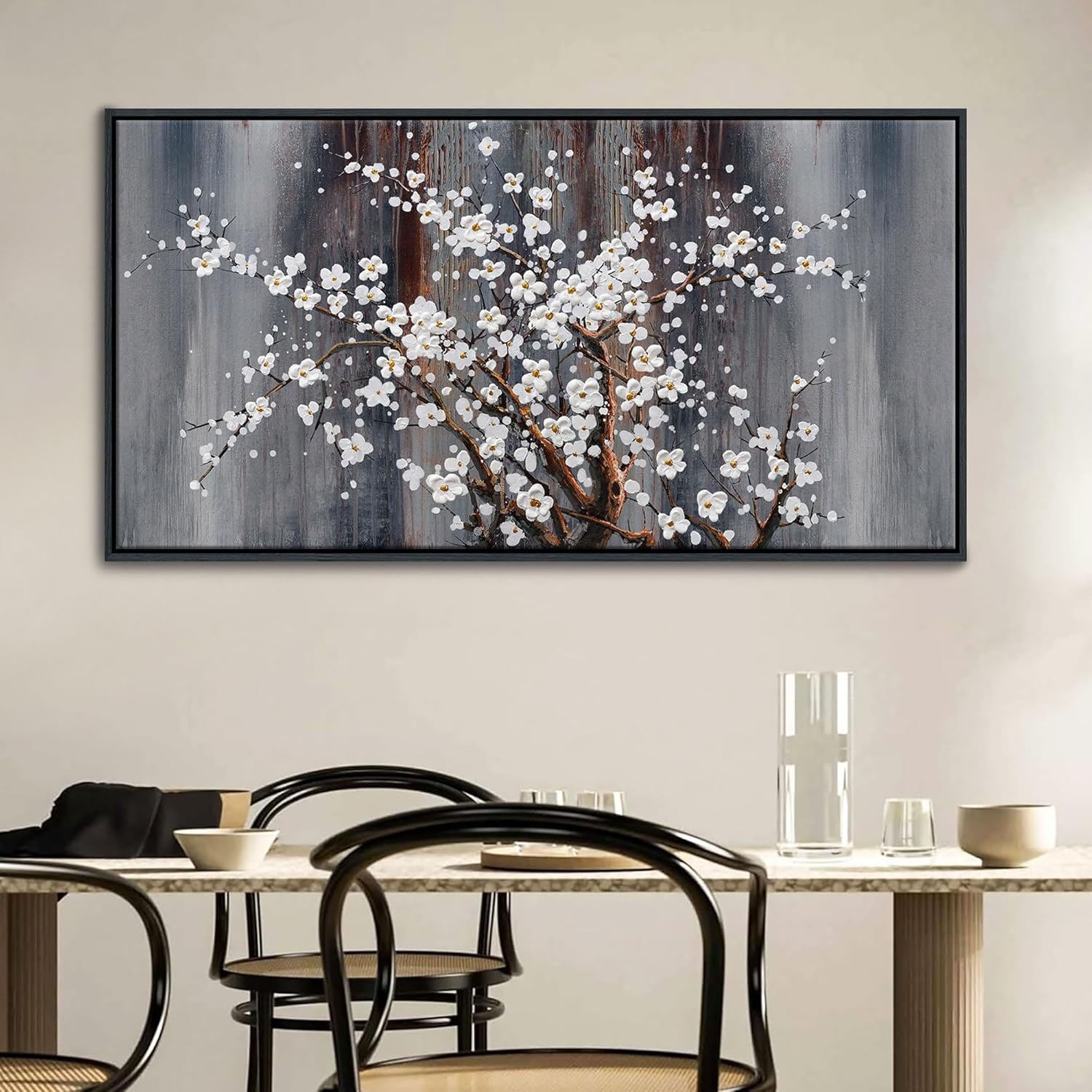 Wall Art for Living Room Large Modern Wall Decor Canvas Paintings for Wall Decorations White Flower Brown Bedroom Office Artwork Plum Blossom Art Prints Framed 24×48IN