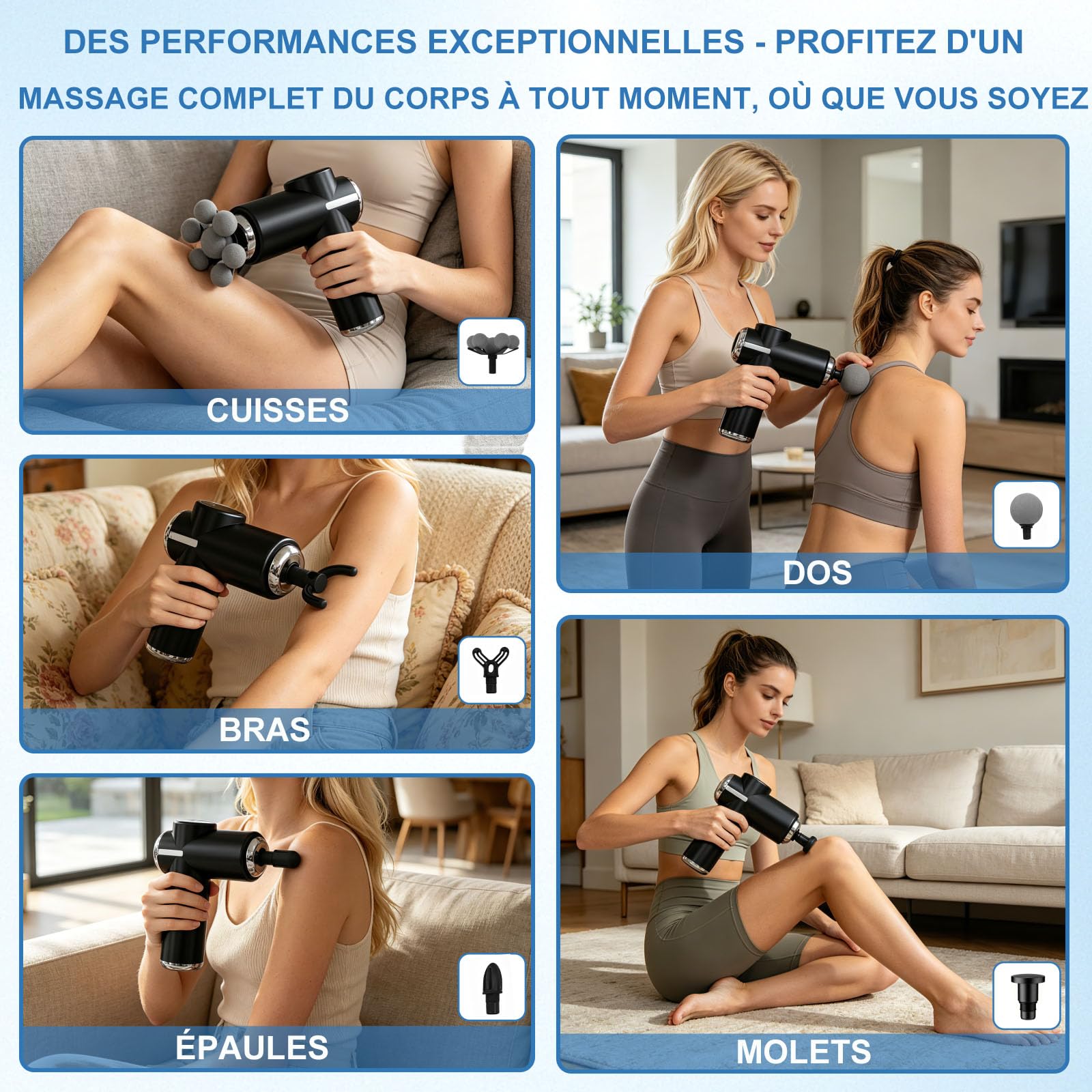 Masseur de tissus profonds, masseur musculaire avec 6 vitesses et 5 têtes de massage, portable, silencieux, pour détendre le corps, le dos et les épaules (noir)
