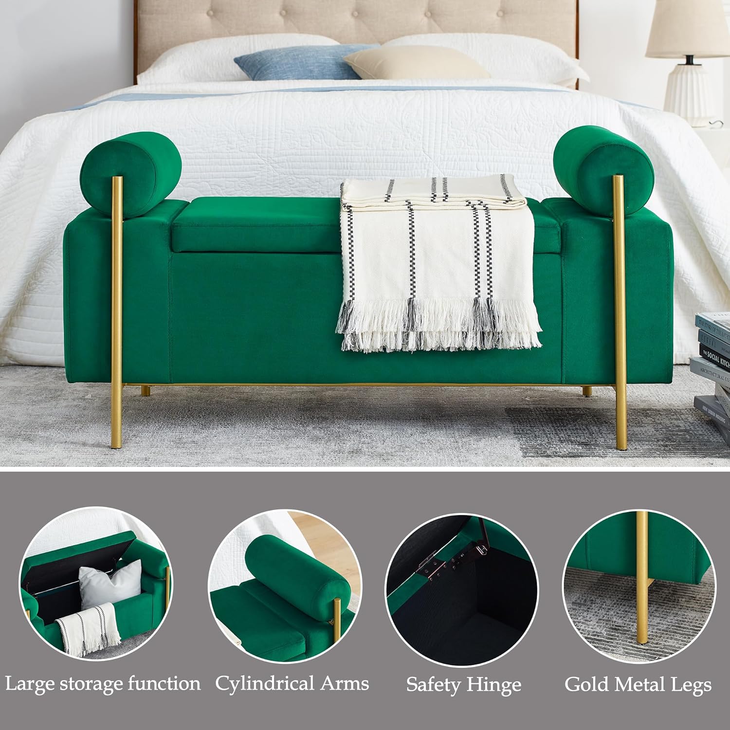 Storage Bench for Bedroom, 44" Green Storage Ottoman Bench with Armrest, Elegant Velvet Upholstered Seating Foot Rest Stool for Living Room, Entryway, Gold Metal Legs, Safety Hinge, Green
