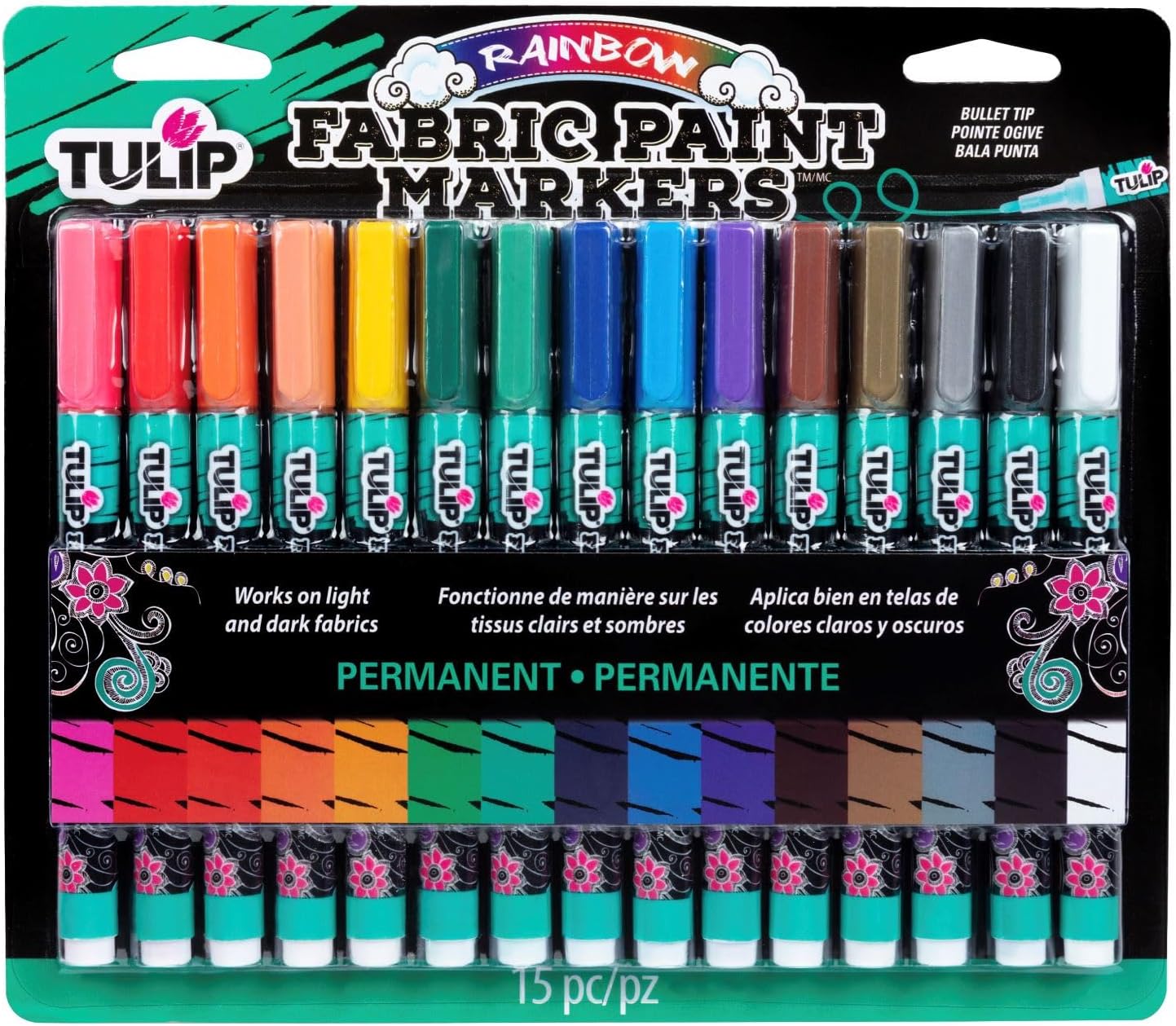 TULIP-33701 Fabric Paint Markers Rainbow 15 Pack, for Permanent Color on Fabric, Wood, Rocks