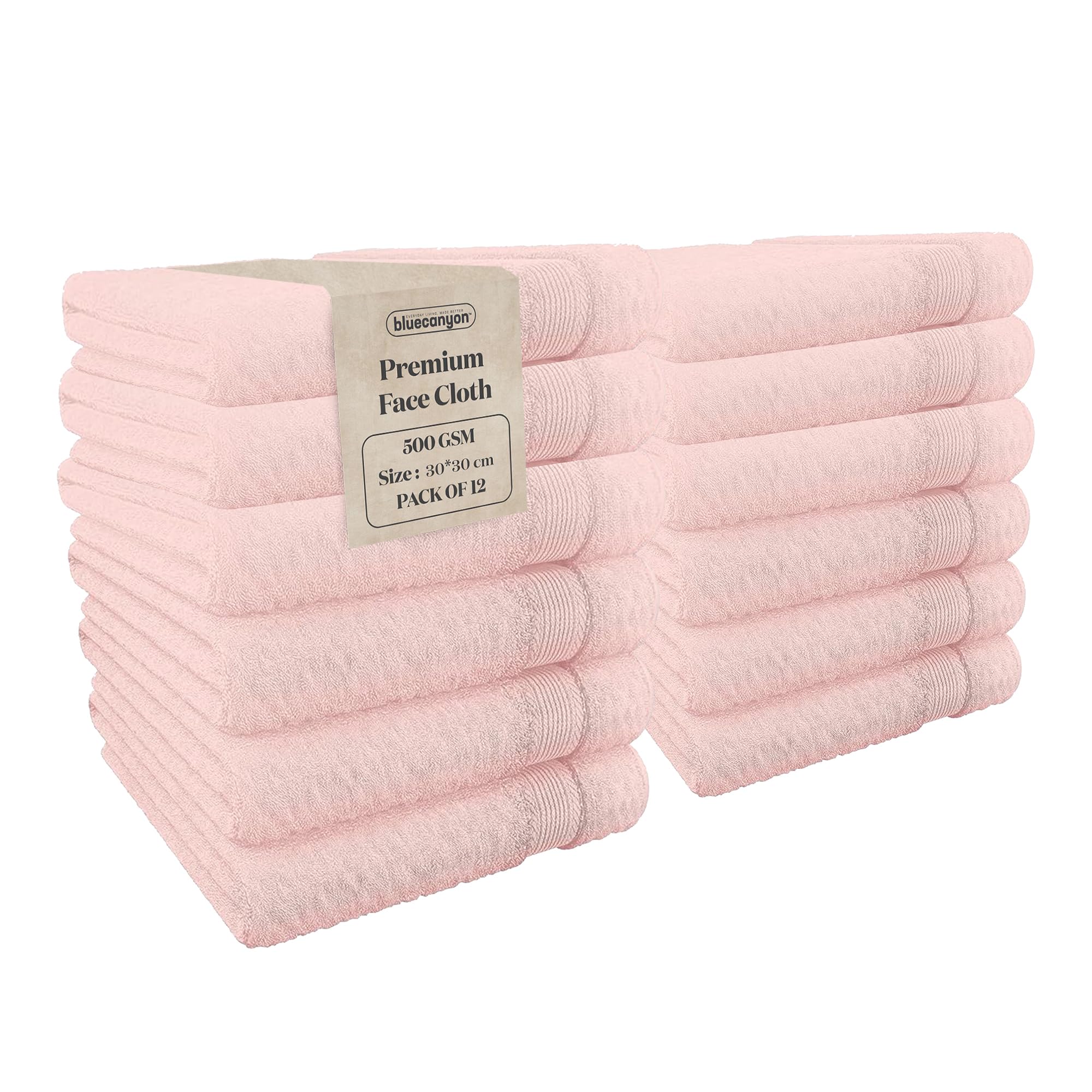 Blue Canyon Face Cloth, Bathroom Soft Towels, Woven Light–Weight, Quick Dry, Reusable Face Towels, Bacteria Resistant, Skin Friendly, Makeup Remover Cloth 30 * 30 cm, 500 GSM, PACK OF 12, (BLUSH PINK)