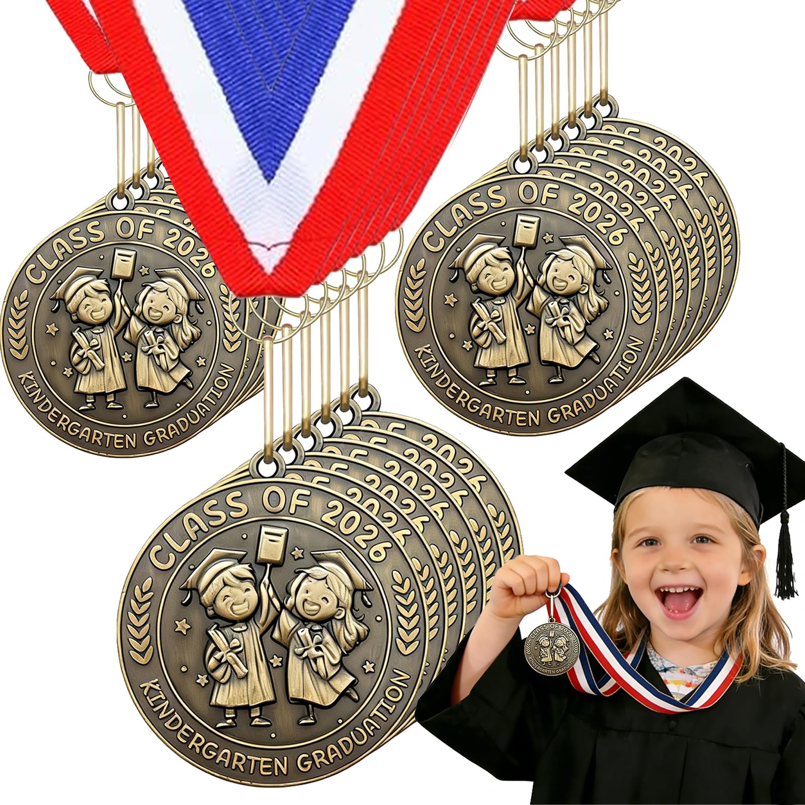 YumSur 24 medaglie premio di laurea per bambini 5 cm medaglione premio prescolare con nastro per il collo congratulazioni regali di laurea per studenti scolastici bomboniere