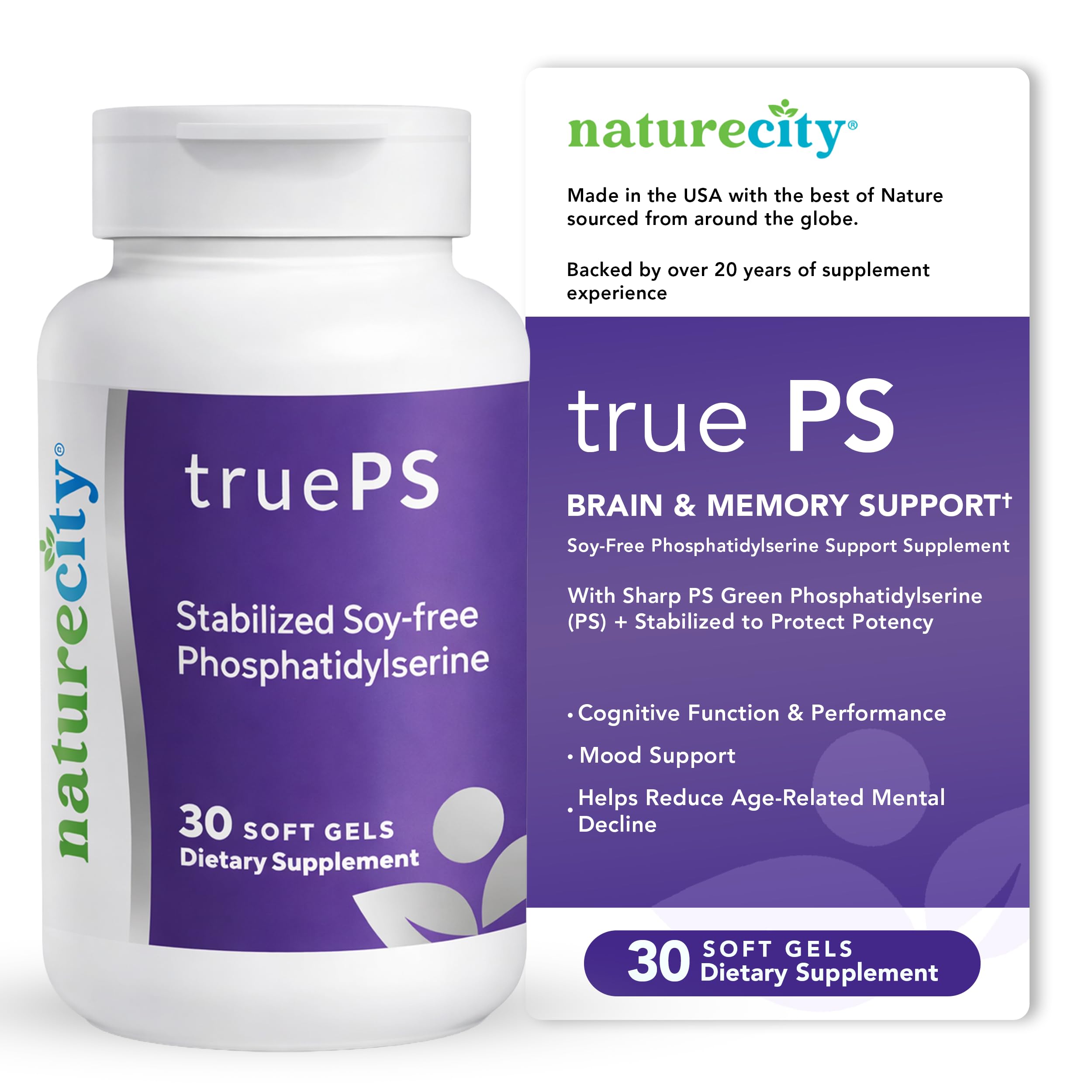 - NatureCity True-PS Soy Free Stabilized Phosphatidylserine 100mg Brain Supplements for Memory and Focus - Memory Pills for Brain - Brain Health Supplements for Adults (30 SoftGels)
