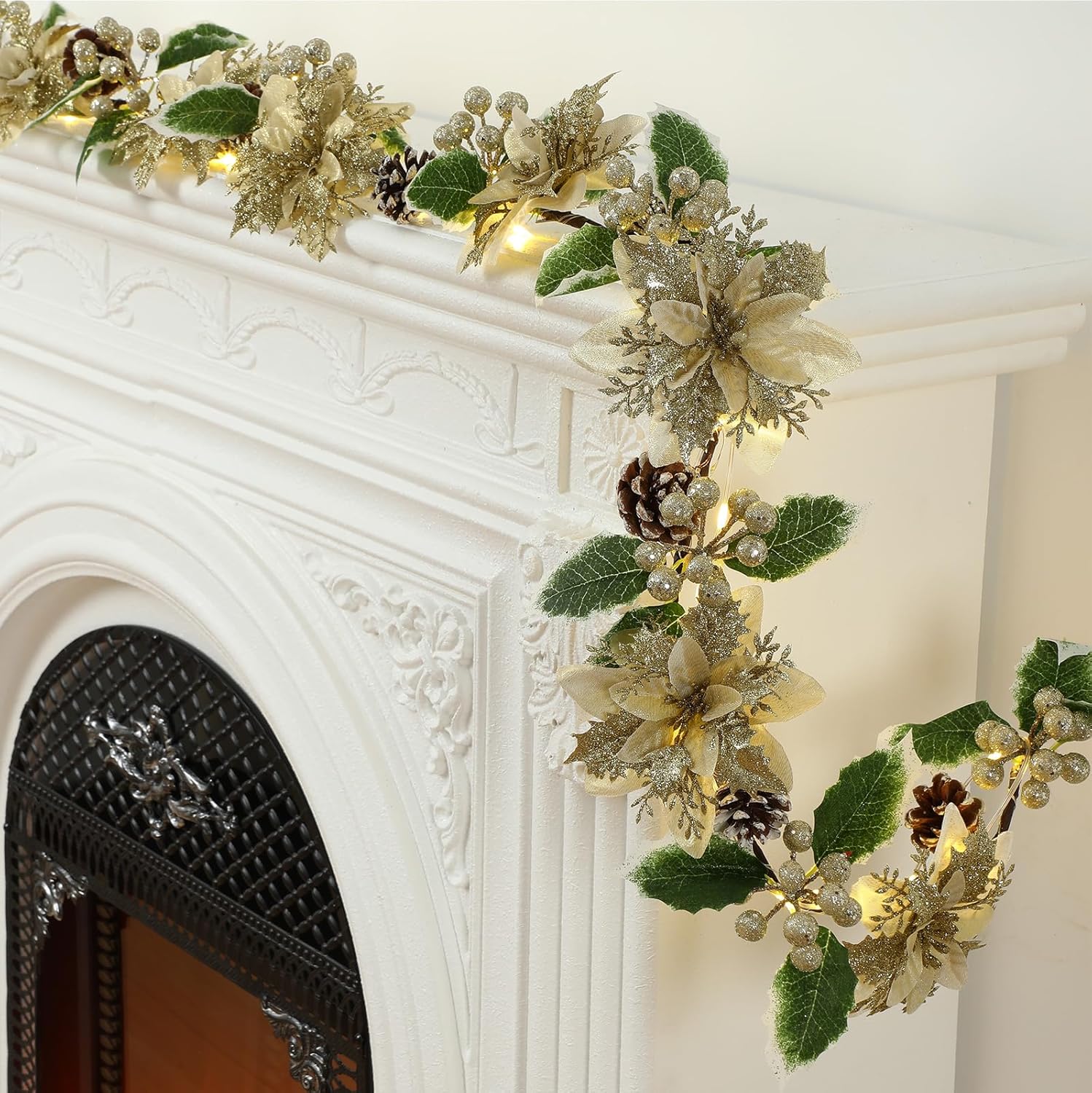 Syhood 6.5ft Prelit Poinsettia Flower Garland Valentine's Day Decor Artificial Lighted Garland Battery Operated Glitter Berries Leaves for Christmas Mantle Home Indoor Outdoor Decor(Champagne,1 Pcs)