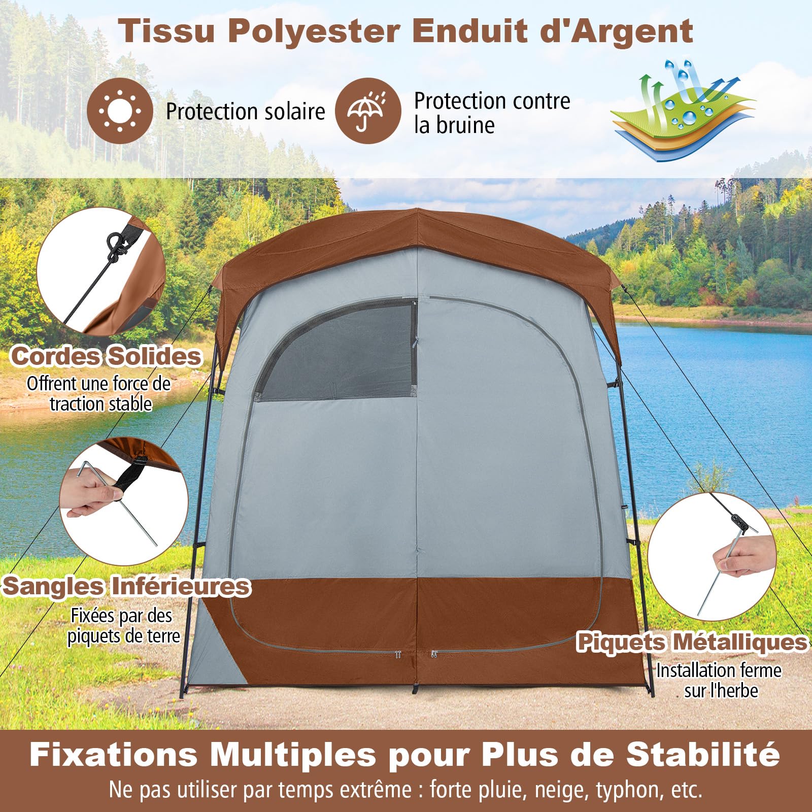 GOPLUS Tente de Douche 2 Personnes, Tente Cabine d'Essayage Portable avec Portes Zippées et 4 Fenêtres, Tente de Vestiaire avec Sac de Transport, pour Camping, Toilettes et Douche, Gris (Brun)