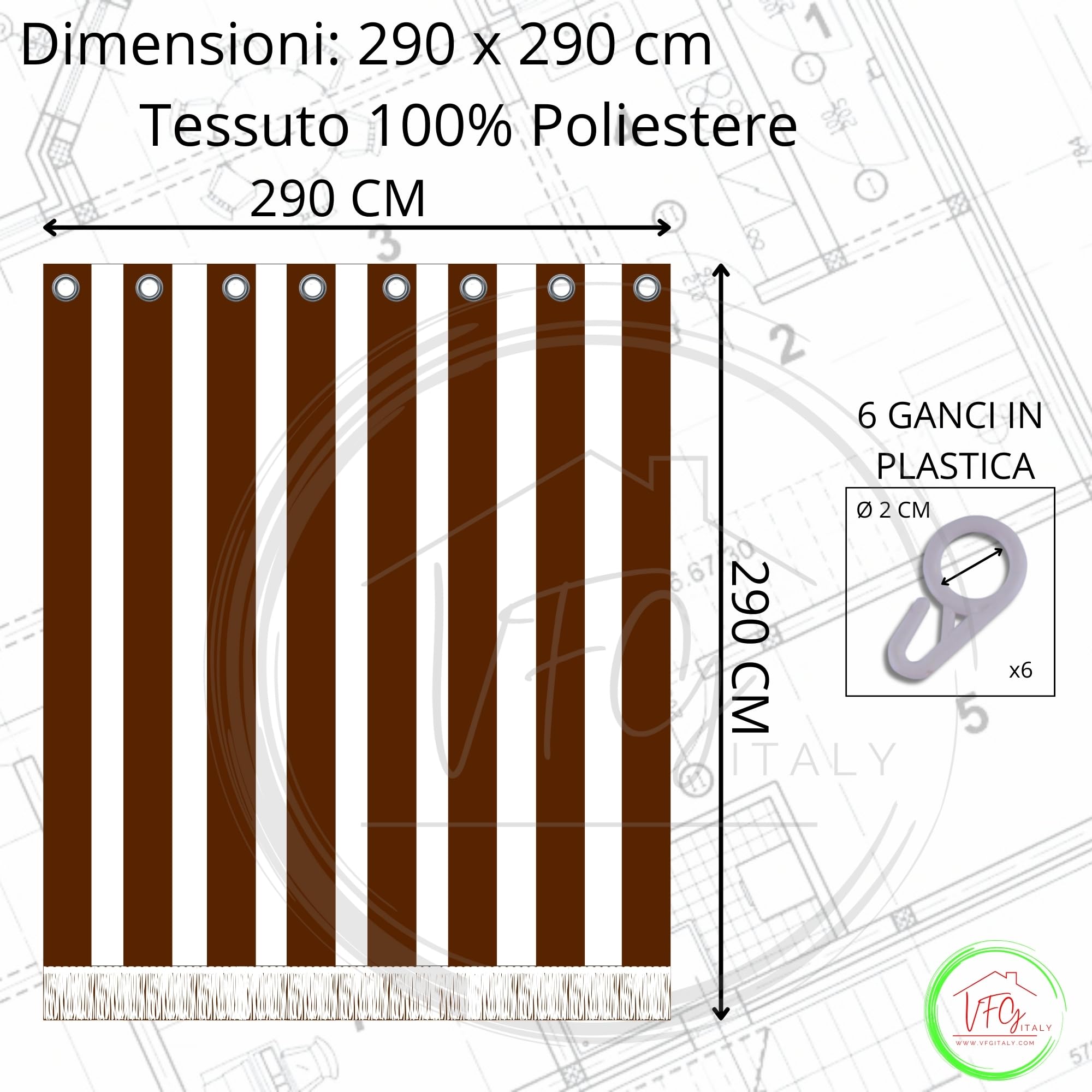 Tenda Sole Strisce Esterno Balcone Terrazzo Veranda con Anelli e Ganci 100% Poliestere Durevole Lavabile Marrone_bianco 290x290