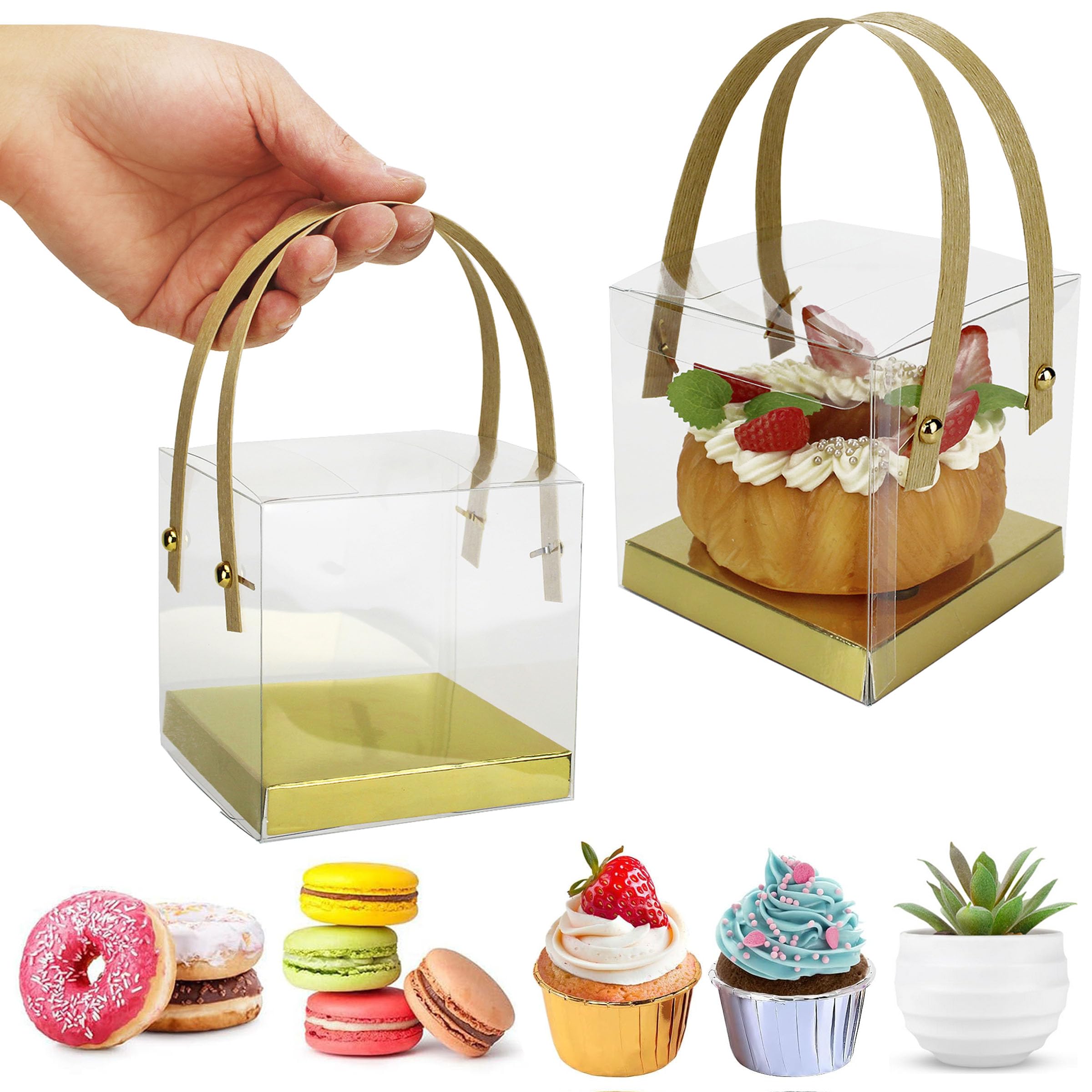 YankMooM 10Pcs Clear Cake Boxes, 10x10x10cm Small Transparent Cupcake Boxes Party Favour Boxes Gift Packaging Boxes with Handle and Base for Wedding Birthday Party Baby Shower