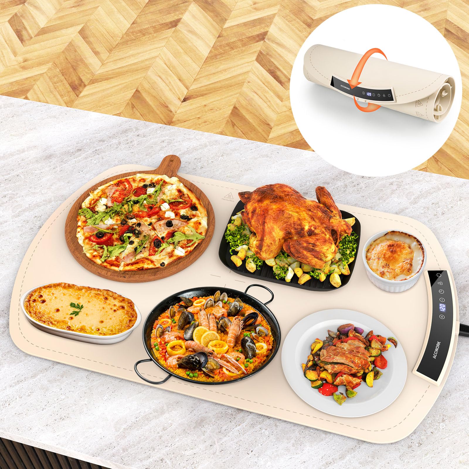 Accwork Wärmespeicherplatte für Buffet, Abendessen zu Hause, Party, 40-120℃ Warmhalteplatte für Speisen mit 6 Timern, Elektrischer Speisenwärmer Faltbare Silikon Heizplatte 65 x 40 cm