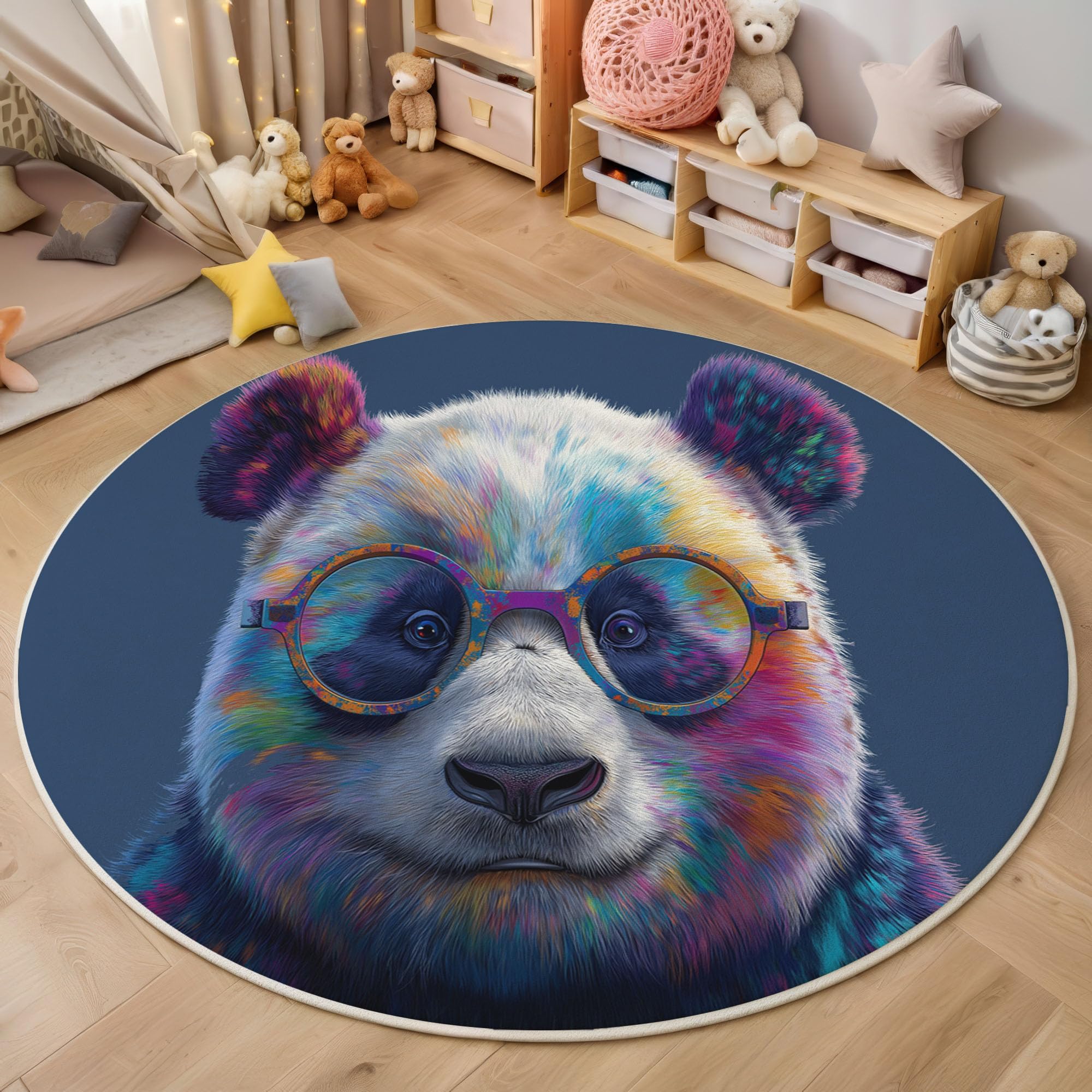 Round Rug Carpet, Graffiti Glasses Panda Print Non-slip Machine Washable Area Rugs, Abstract Animals Floor Mats Sitting Room Bedroom Computer Chair Round Carpet Mat Indoor, 180 cm