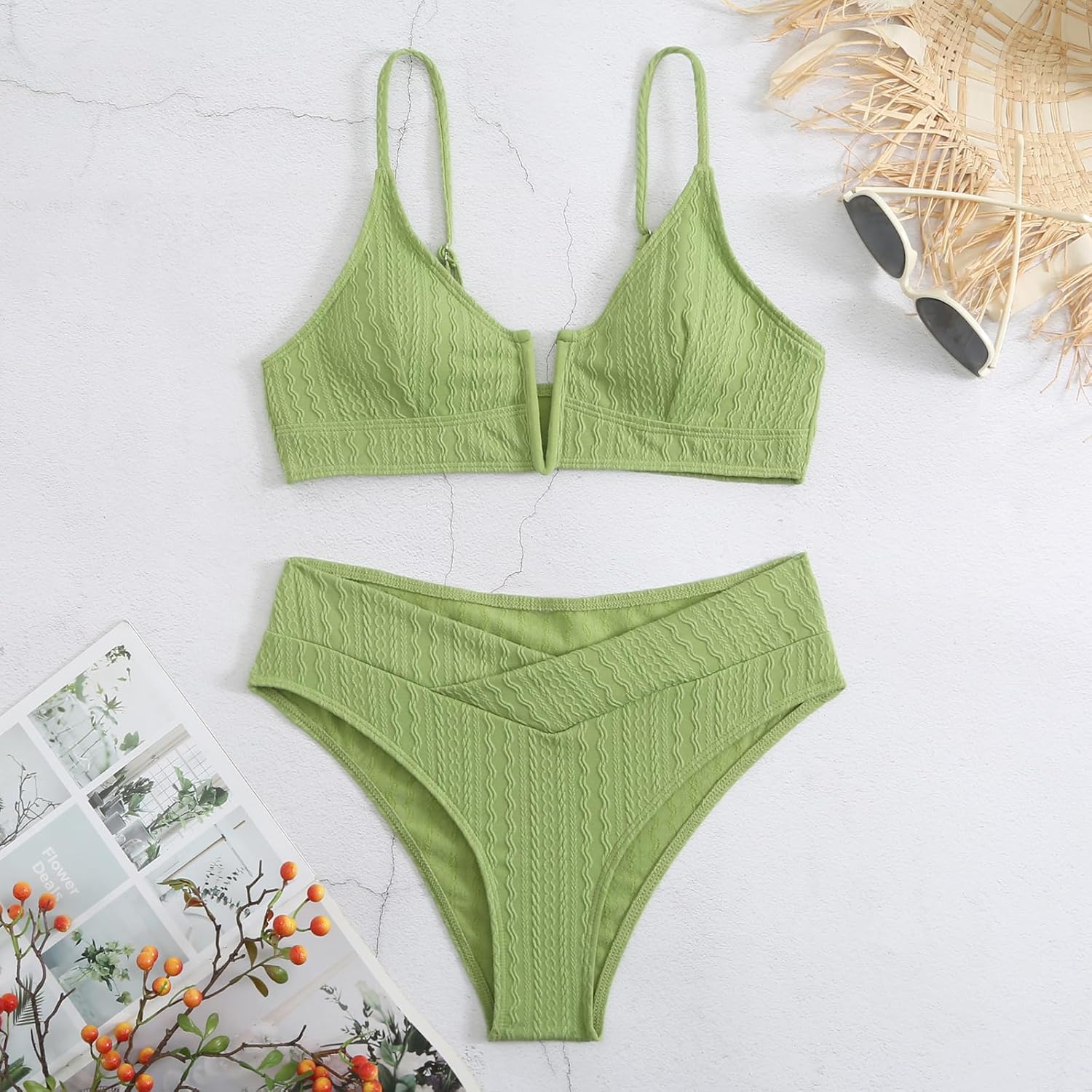 HYTENSUN Women's V Cut High Waisted Bikini Ribbed V-Wired Cami Two Pieces Swimsuit - Image 4