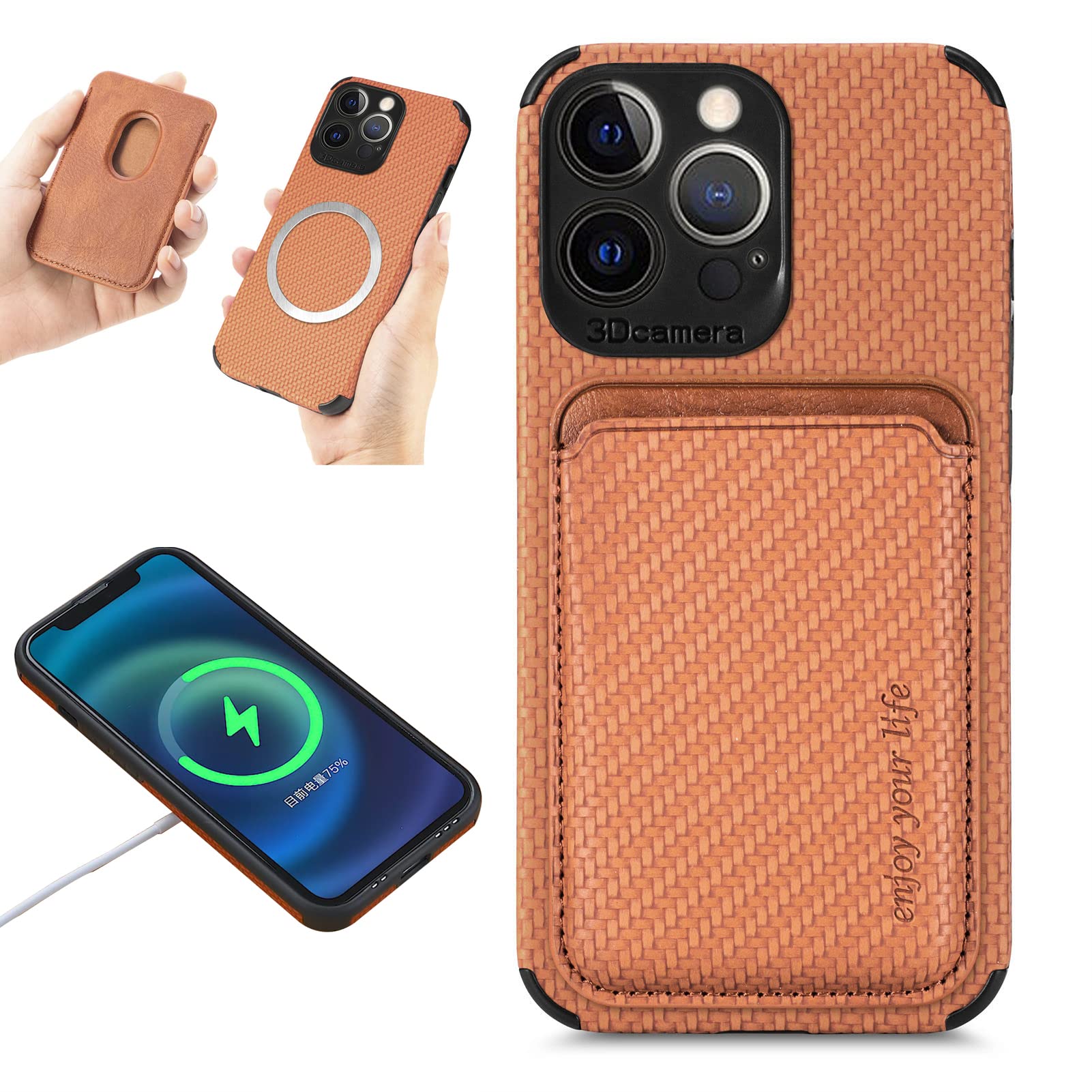 iPhone 11 PU Leather Case?Card Holder, Carbon Fiber? Detachable Magnetic Wallet Slot Stripe Simplicity Pattern Shockproof TPU Cover for iPhone 11 6,1” - Brown