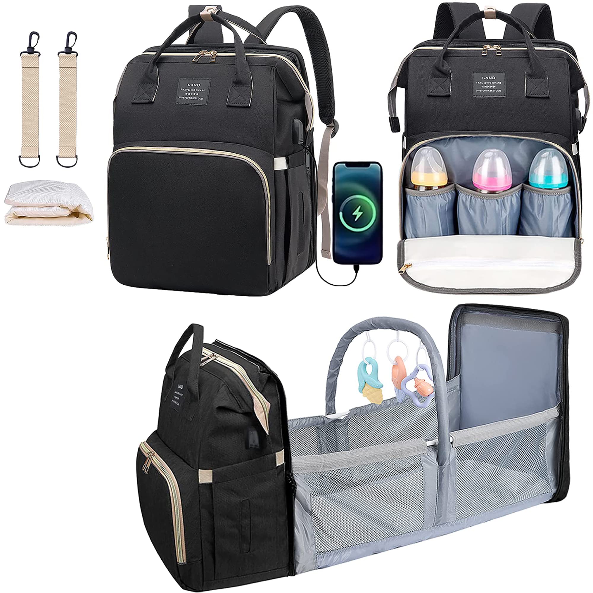 HAMIQI Diaper Bag Backpack - Baby Bag Diaper Bag with Changing Station & Toy Bar - Baby Girl Boy Diaper Bag for Dad Mom Travel Baby Shower Gifts, Large Capacity, USB Port, 3 Toys