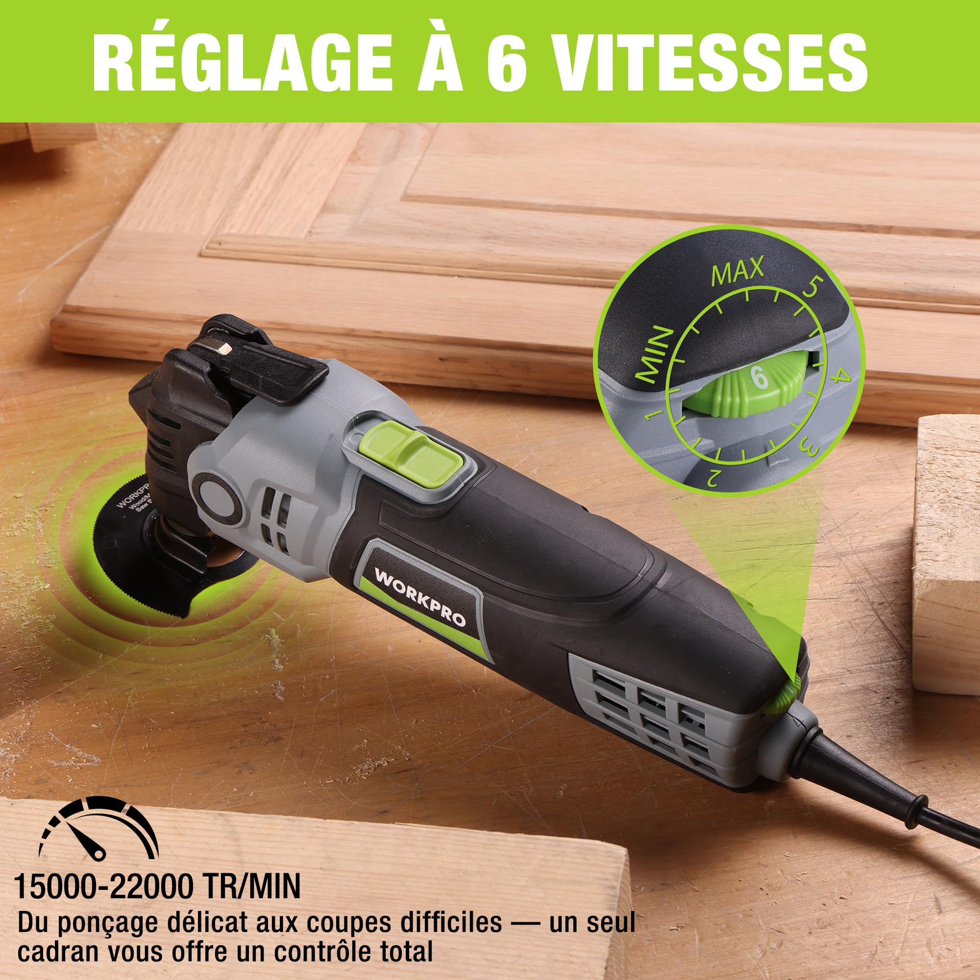 WORKPRO Outil Multifonction Oscillant 400 W, 6 Vitesses Réglables, 23 Accessoires, Angle d'Oscillation 3,5°, pour Sciage, Grattage, Sablage, Façonnage, Polissage, Coupe