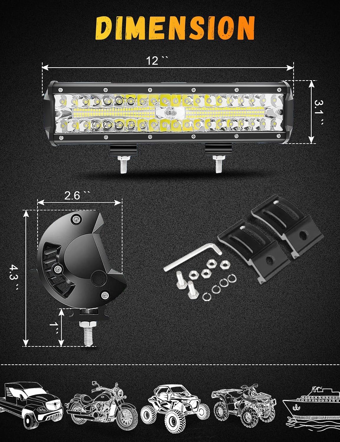 12 Inch Led Light Bar IP67 Waterproof Triple Rows Spot Flood Combo Beam Fog Light Bar Compatible with Trucks ATV Off-Road Car