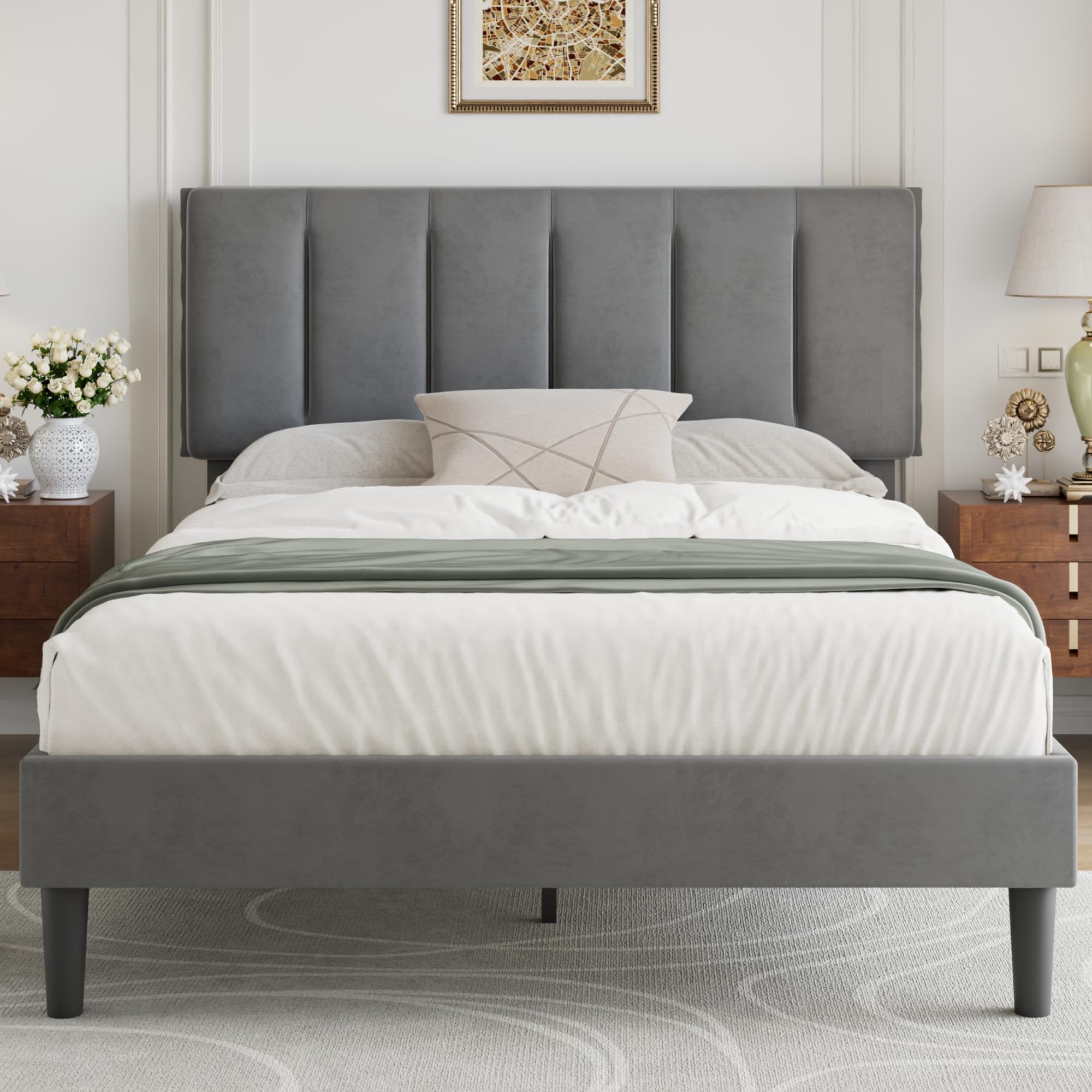 VECELO Double Size Bed Frame 4ft6 Upholstered Platform with Adjustable Velvet Headboard, Sturdy Wooden Slat Support, No Box Spring Needed, Easy Assembly, Dark Grey