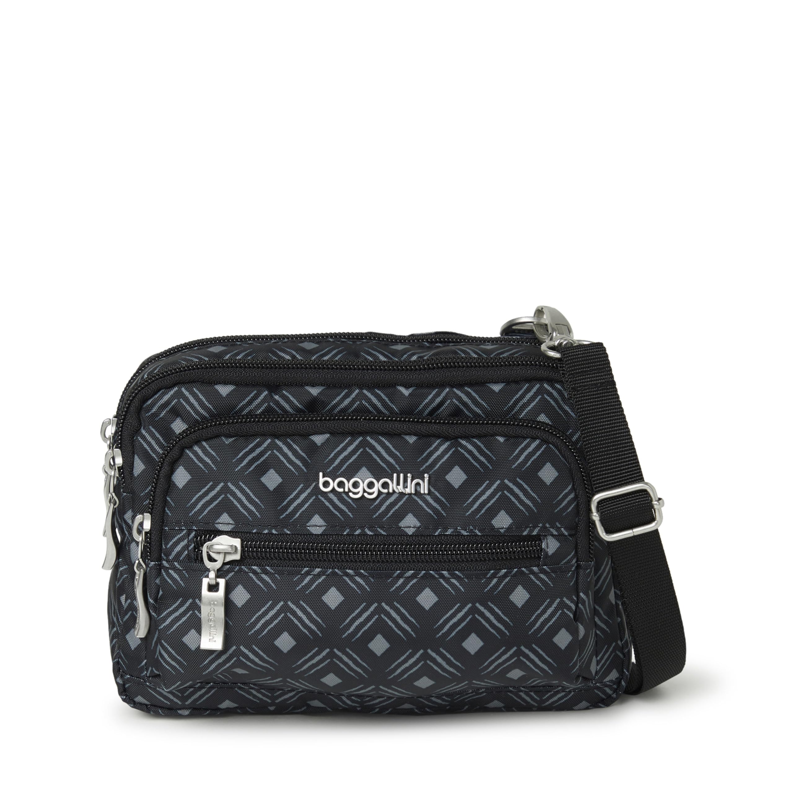 Baggallini Women's Triple Zip Bag, Black Diamond Print