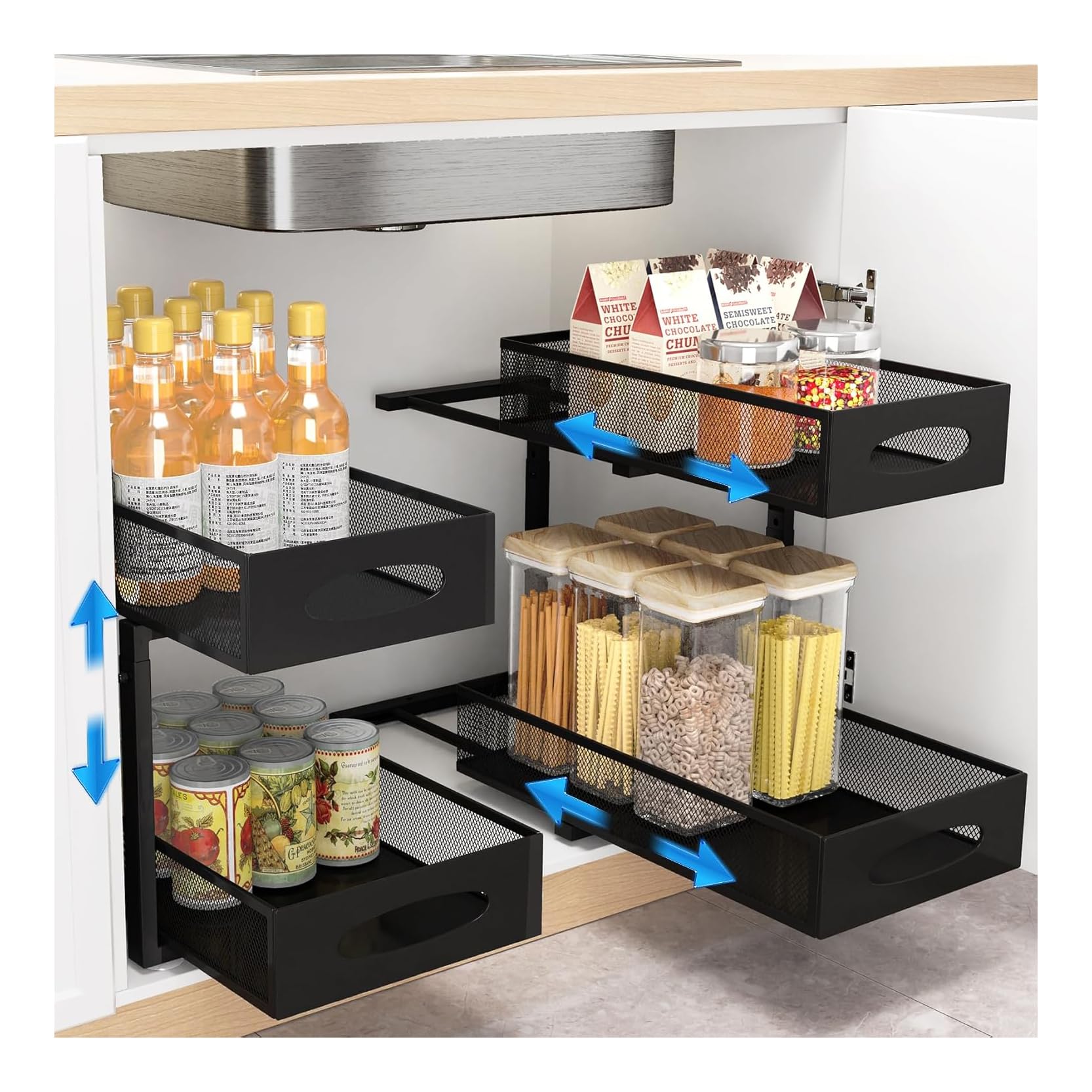 Under Sink Organizer, 2 Tier Pull out Cabinet Organizer Baskets with Mesh Sliding Drawers, Slide out Storage Shelf for Home, Kitchen, Bathroom, Pantry, Office Cabinet, Countertop (Black)