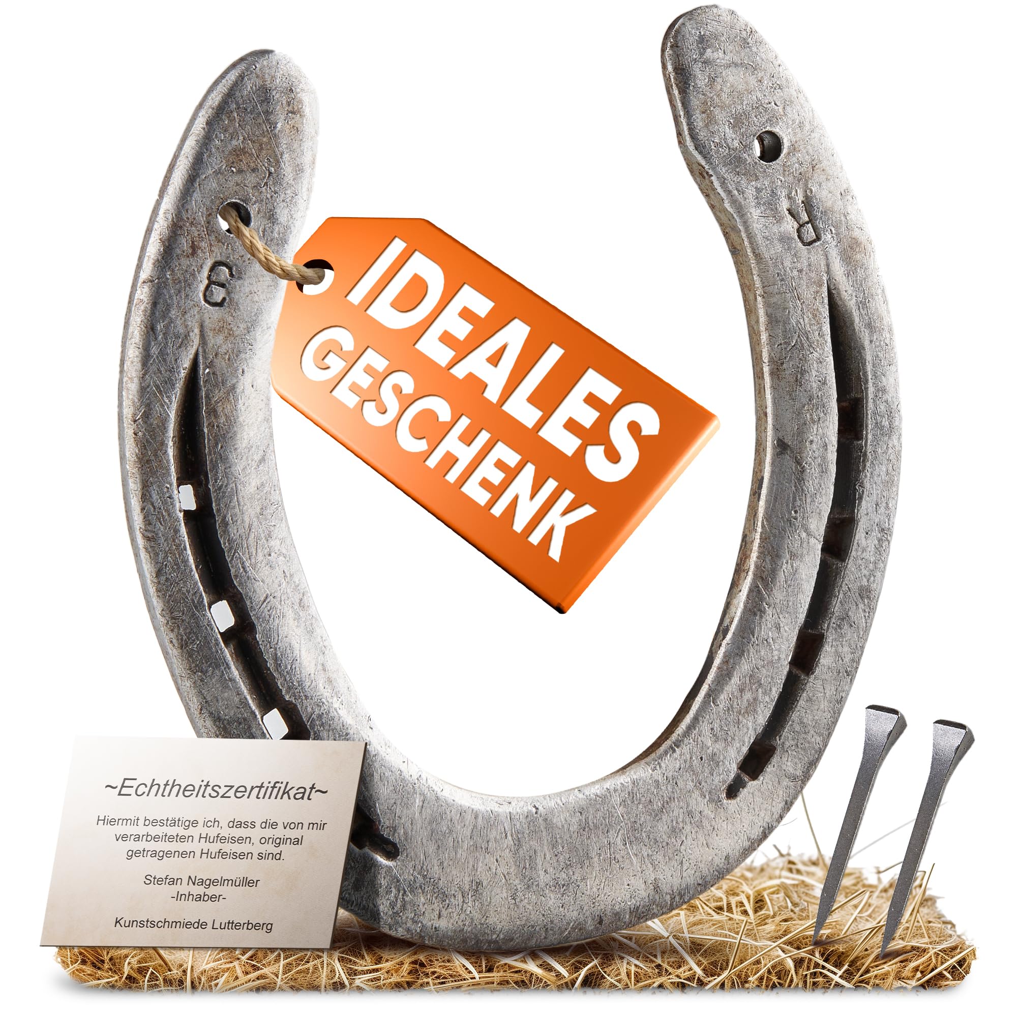 Echtes getragenes Hufeisen – Glücksbringer mit Zertifikat & Hufeisennägel – Rustikales Geschenk für Haus, Hochzeit & Einzug - Kunstschmiede Lutterberg