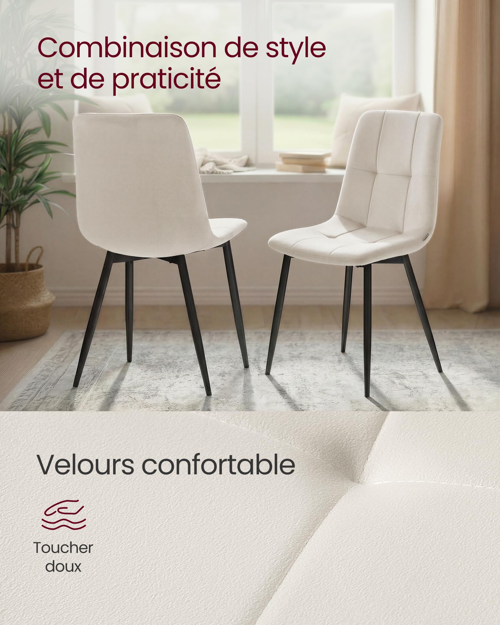 VASAGLE Chaises de Salle à Manger en Velours, Supporte 120 kg Chacune, Chaises de Cuisine avec Pieds Réglables, Style Moderne, Rembourrées, pour Salon, Lot de 4, Beige Cappuccino KDC080LH01