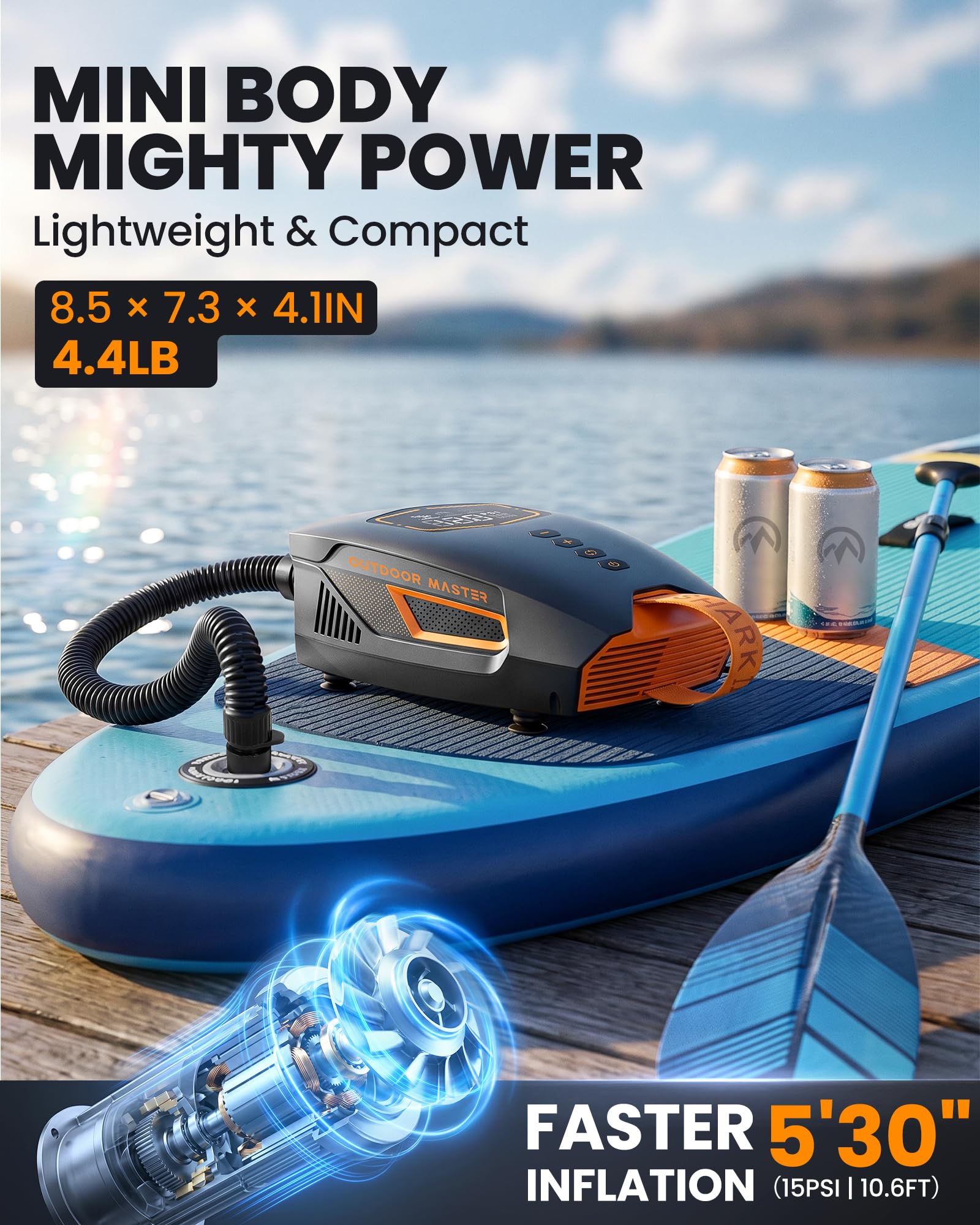OutdoorMaster Shark 3 Mini 74Wh Bomba Eléctrica Sup Portátil, Inflado Rápido 5'30", Bomba Paddle Recargable, Auto-Apagado y Desinflado, 20 PSI, 12V/15,8V DC y USB-C, 8 Boquillas