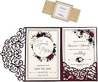 Vista 10 de 50 invitaciones de boda personalizadas de 4.7 x 7 pulgadas, color azul marino, cortadas con láser, con sobres, bolsillo rosa hueco y banda