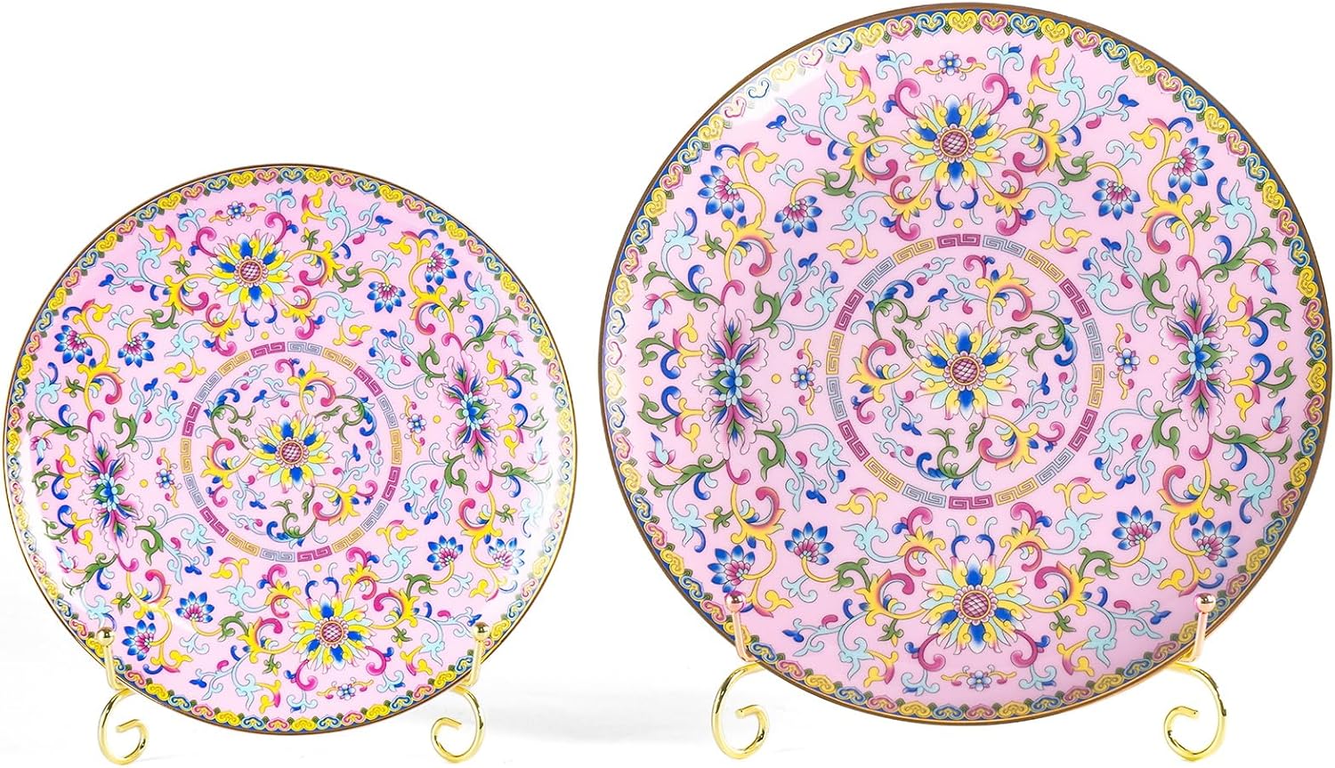 KAMMAK Decorative Plates Set for Display, Pink Ceramic Plate Decor with Stand, Handmade Vintage Porcelain Ornament for Table, Living Room, Kitchen, Office, Perfect Chinese Style Dish Gift (8in+10in)