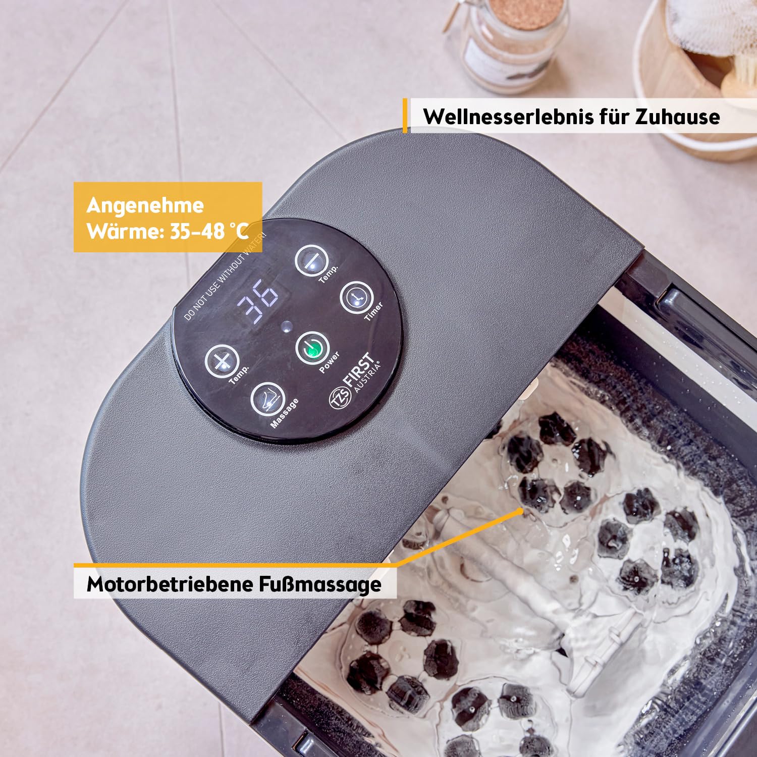 TZS First Austria - Fußsprudelbad Fußmassagegerät klappbar 500W mit 3 Aufsätzen & 6 Massagerollen - Fußbad mit Vibrations- & Luftblasenmassage, Infrarot- & Heizfunktion - Elektrische Fußbadewanne