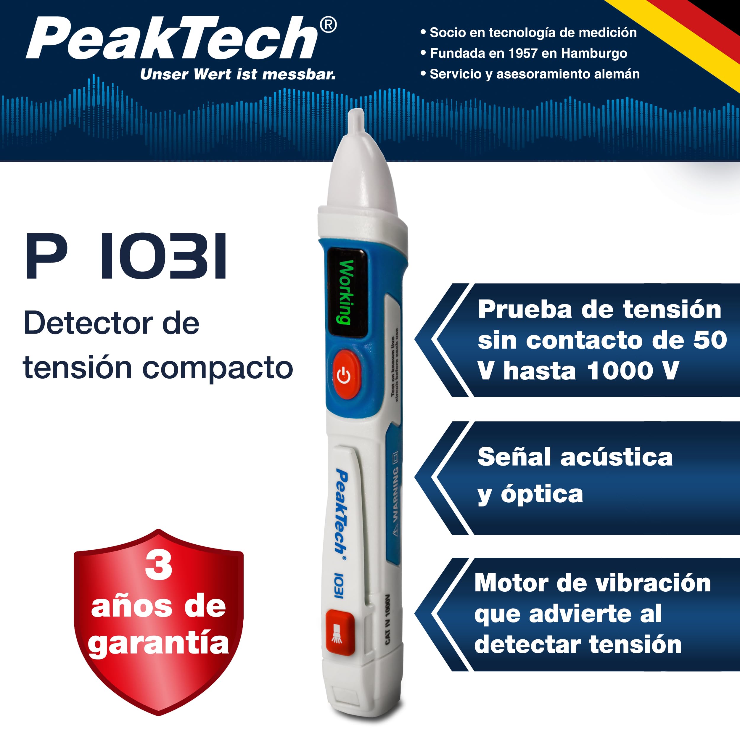 PeakTech, P 1031, Comprobador de tensión sin contacto para 50-1000 V CA, Comprobador de corriente sin contacto con lámpara LED de señalización y vibración, Comprobador de enchufes