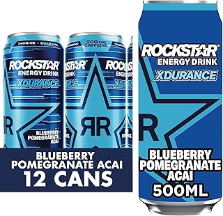 Rockstar XDurance Energy Drink, Blueberry Pomegranate and Acai, Non-Alcoholic, 200 mg Caffeine, Caffeinated Drink with Taurine, Guarana, Ginseng, and Vitamins, 12 x 500 ml cans