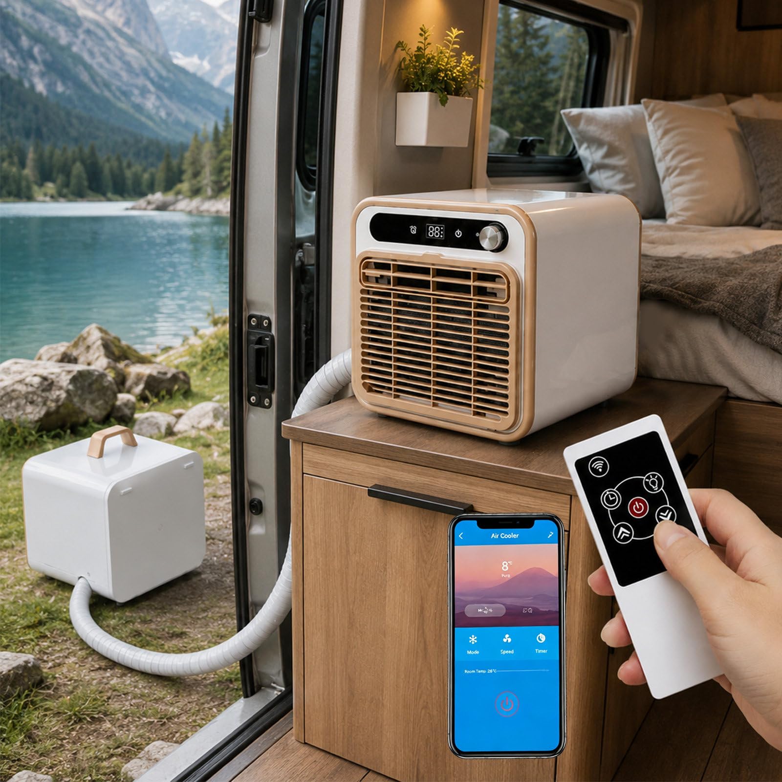 agreilduite Campervan Air Conditioner, Lightweight Split Cooling Unit with Multiple Power Options & app Control,Campervan Air Conditioner for Road Trips, Caravan Tours & Tent Camping 1.5m-pipe