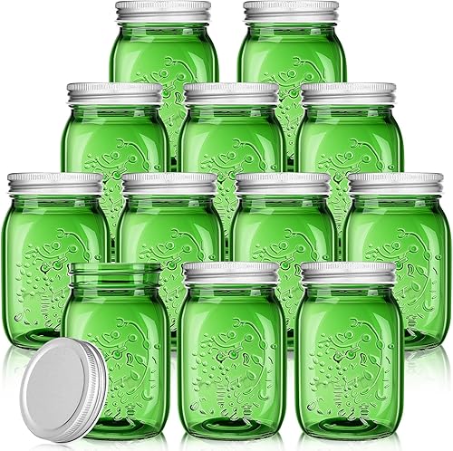 Pinkunn 12 tarros Mason con tapas de 16 onzas, tarros de conserva de boca regular, tarros de vidrio vintage, herméticos a granel, multifuncionales,