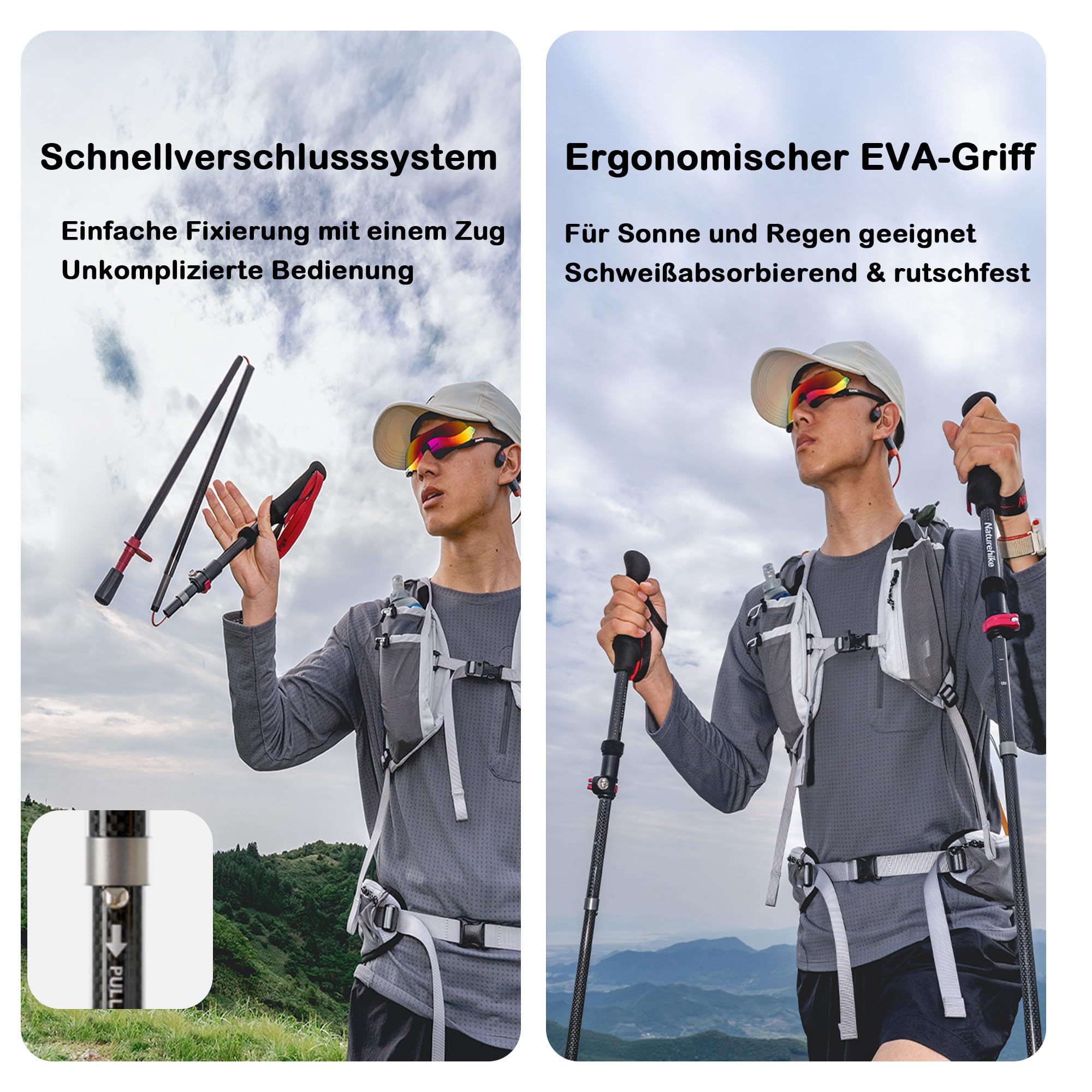 Naturehike Bâtons de randonnée télescopiques en fibre de carbone 3K, ultra légers, 175 g, 5 pièces, réglables, diamètre du tube renforcé de 18 mm