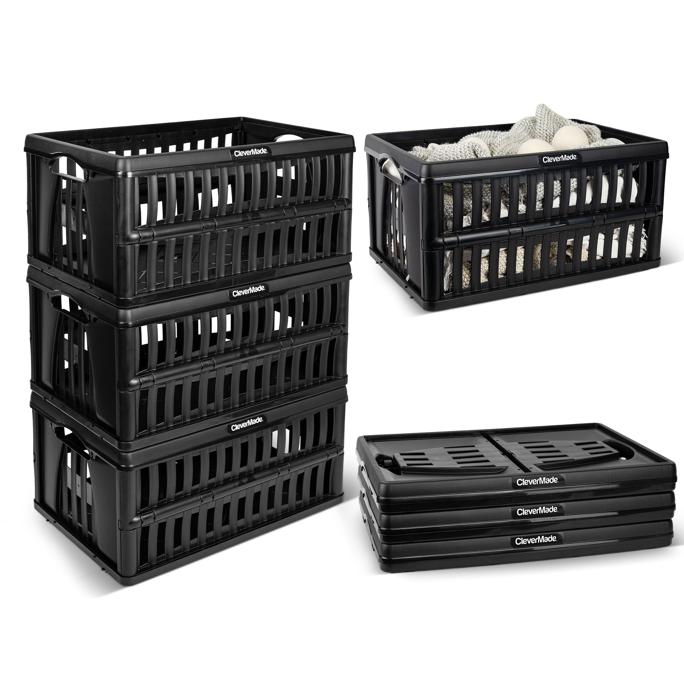 CleverMade Collapsible Utility Crates, 60L Storage Crate, 3 Pack, Obsidian