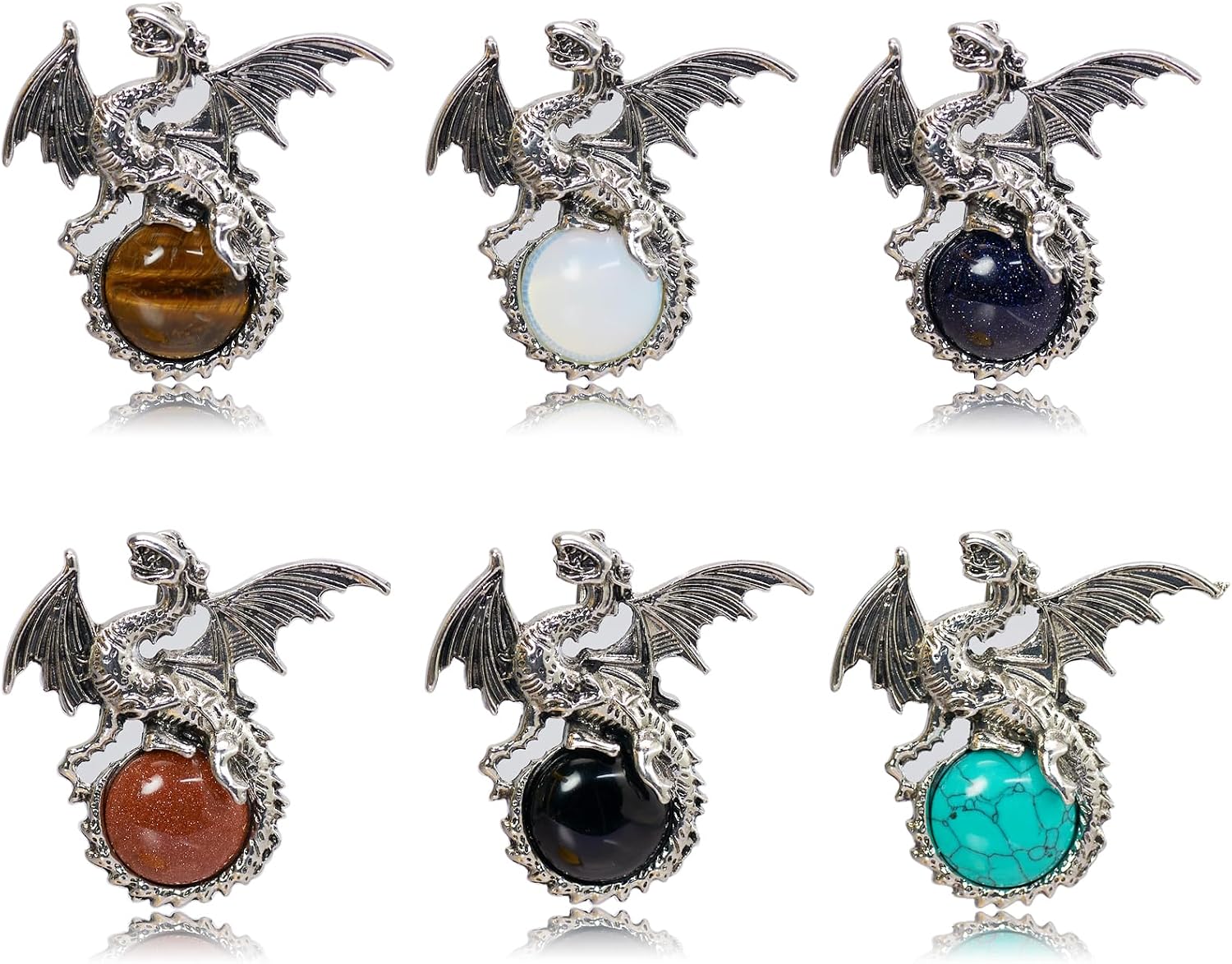 6 Pieces Crystal Dragon Pendants Natural Cabochon Shape Gemstone Alloy Dragon Jewelry Charm for Jewelry Making Necklace