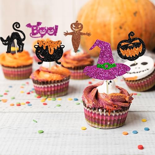Miniatura 6 de 24 adornos de Halloween para cupcakes con purpurina, bruja, gato, calabaza, telaraña, cupcakes, decoración de pastel de fantasma, decoración para