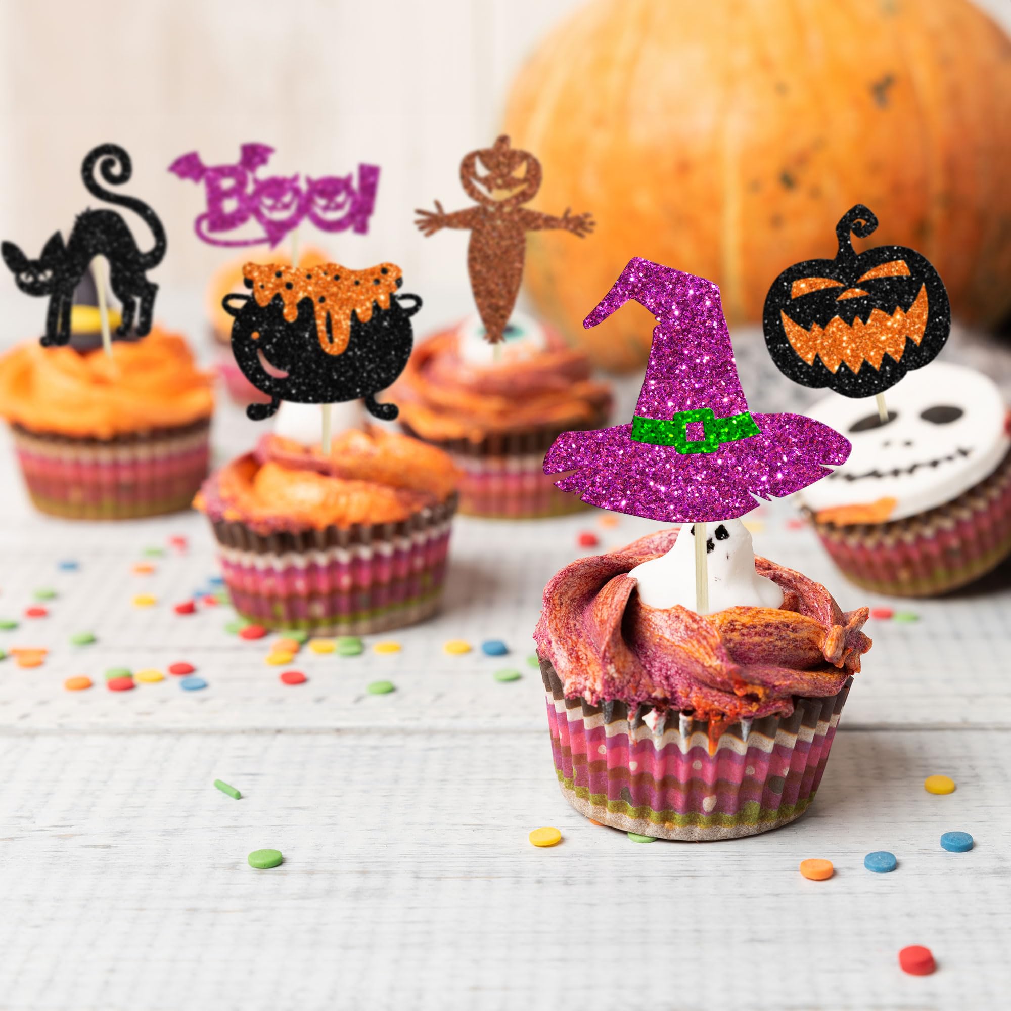 ZHUOWEISM Lot De 24 Décorations De Cupcakes « Happy Halloween » Avec Chat Noir, Fantôme, Toile D'araignée, Citrouille, Paillettes Pour Halloween, Fête Prénatale, Fête D'anniversaire