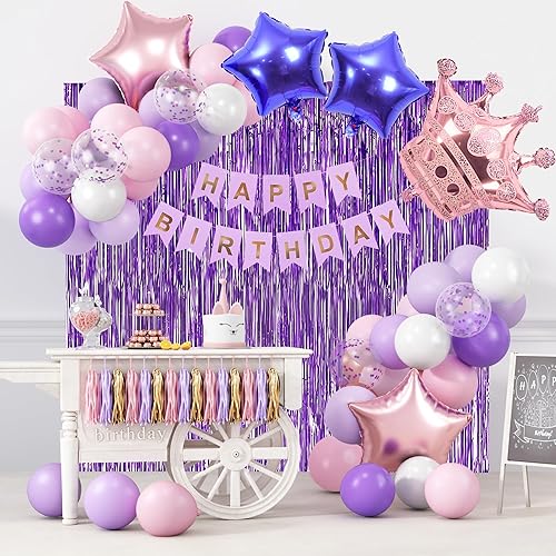 RUBFAC Juego de decoraciones de fiesta de cumpleaños rosa y morado para mujeres con pancarta de cumpleaños, globos de confeti y guirnalda de borlas