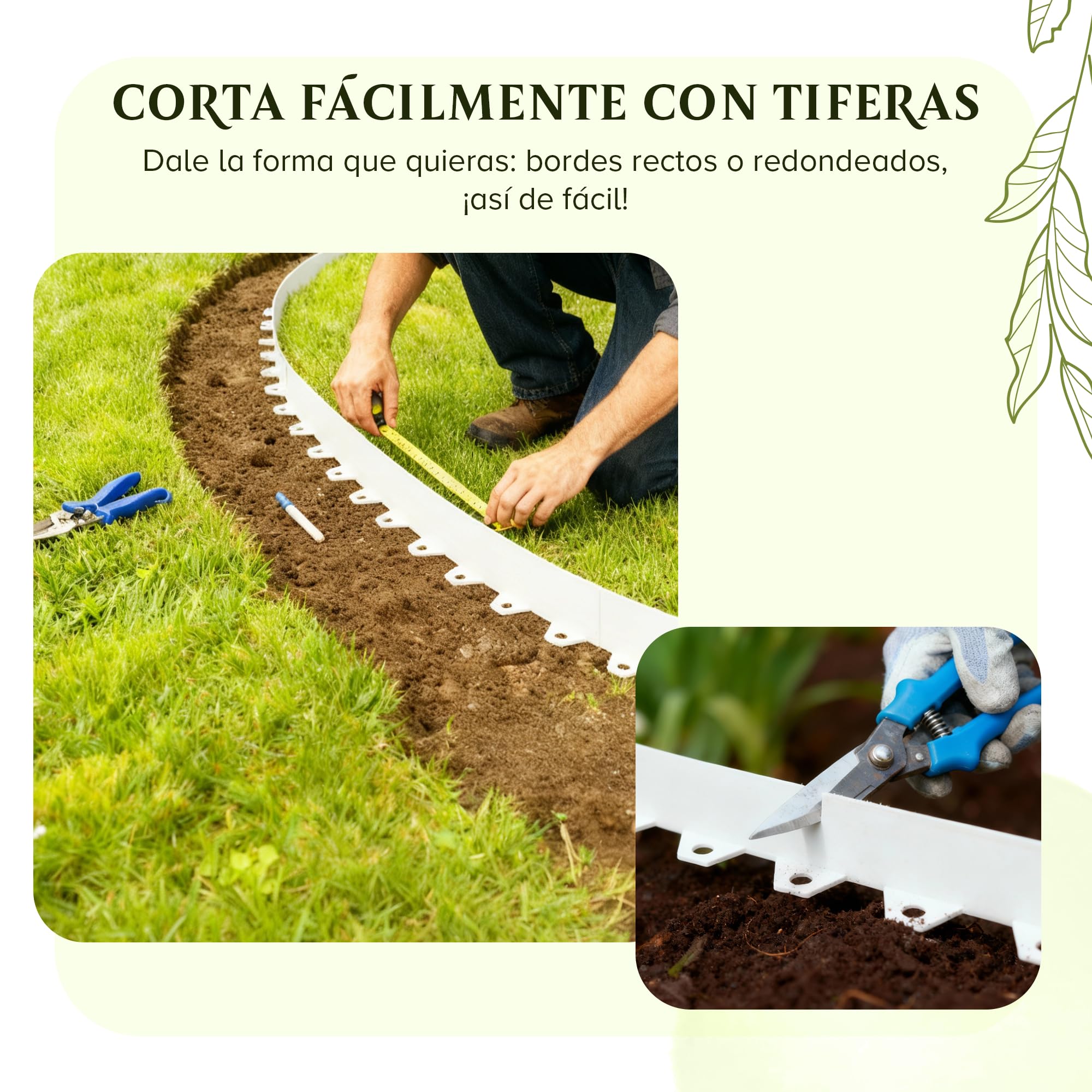 Borde Flexible para césped (10 m, 40 Anclajes de Tierra, 6 cm de Altura), plástico Blanco, Resistente a la Intemperie, Borde Redondo, bordillo Redondo para césped, remate de Corte