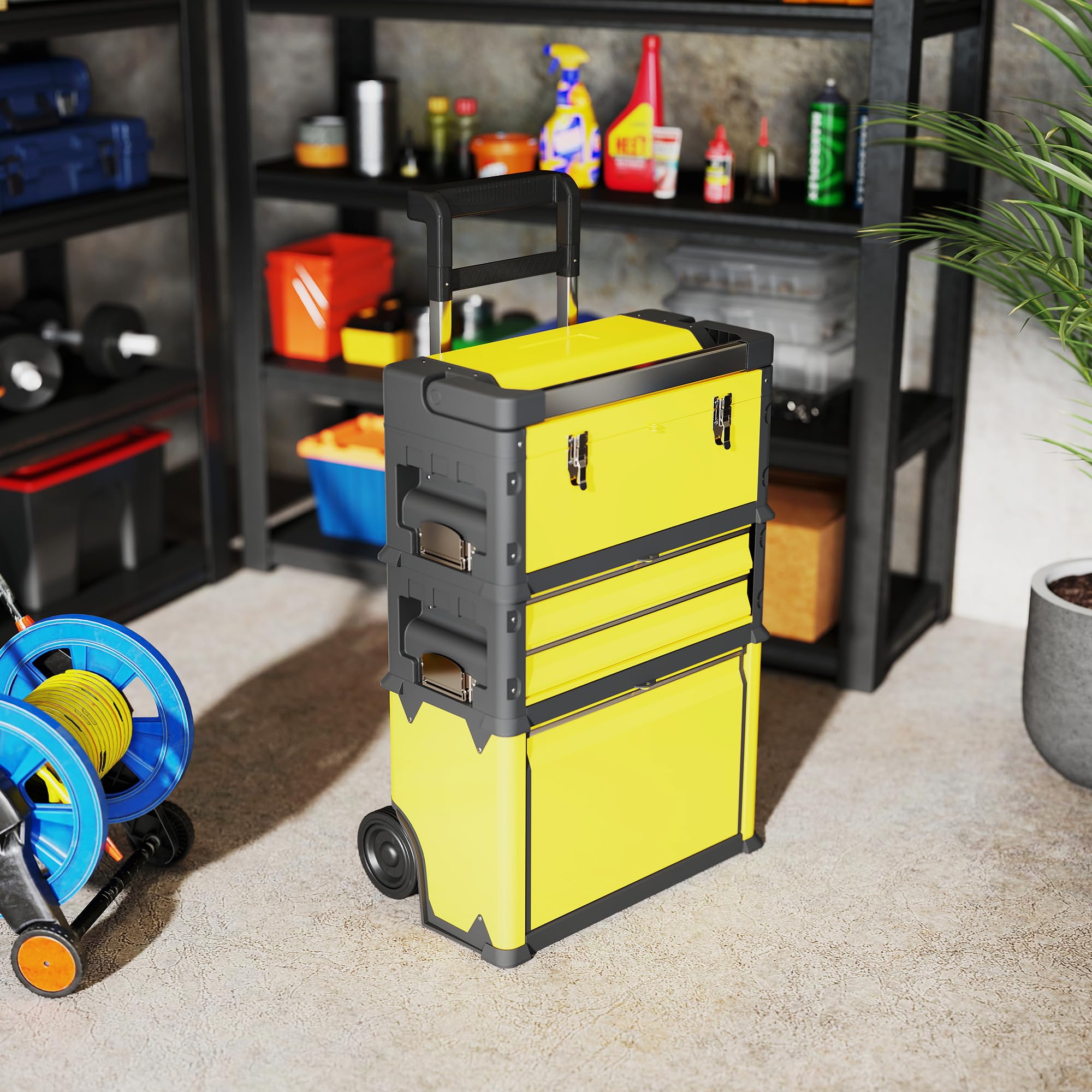 HOMCOM Set di 3 cassette portautensili su ruote impilabili e modulari per officina trolley in acciaio con vassoio, maniglie e serratura, per garage e magazzino, colore giallo